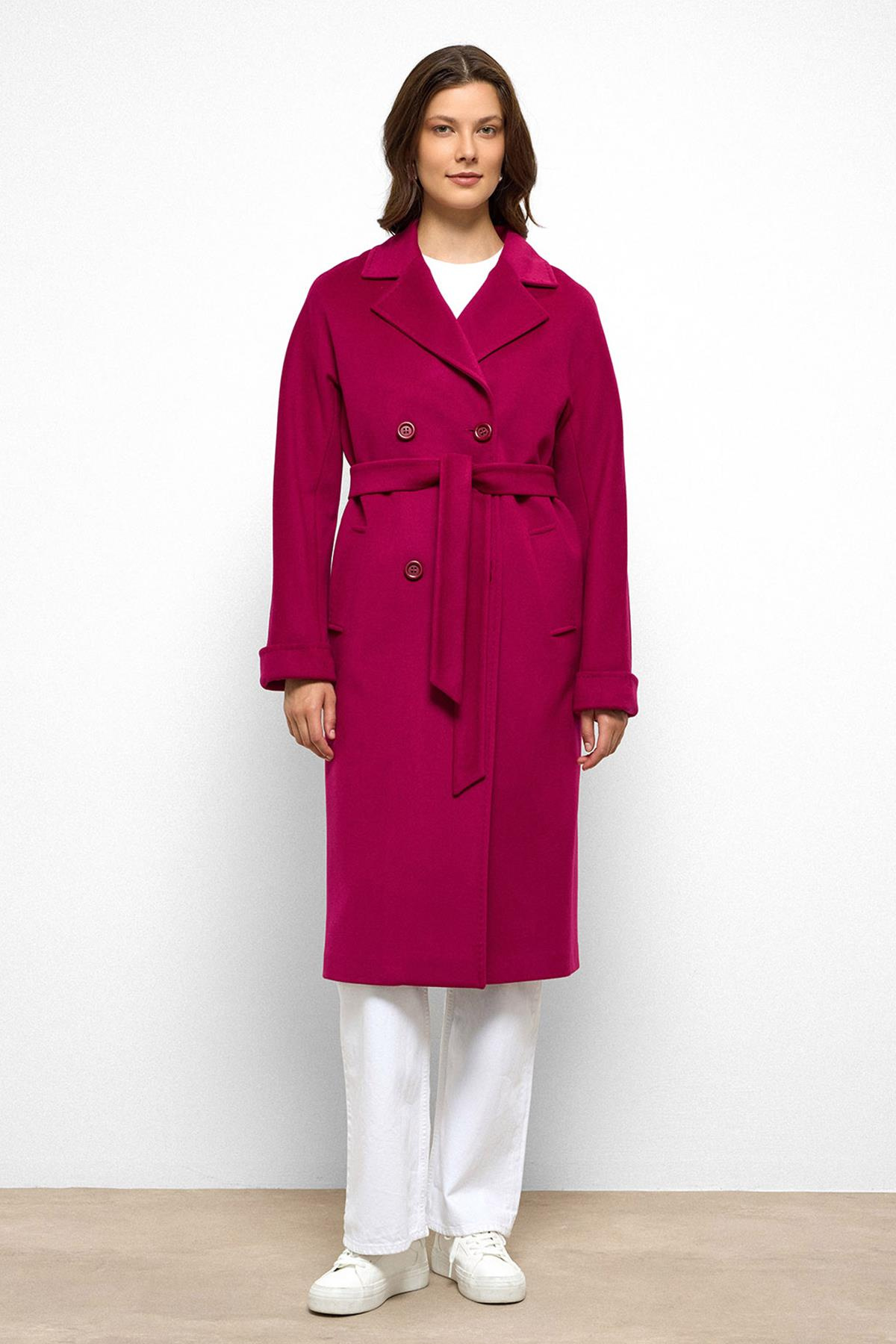 Yarasa Kol Punto Dikiş Detaylı Kaşmir Kaban FUŞYA 3101