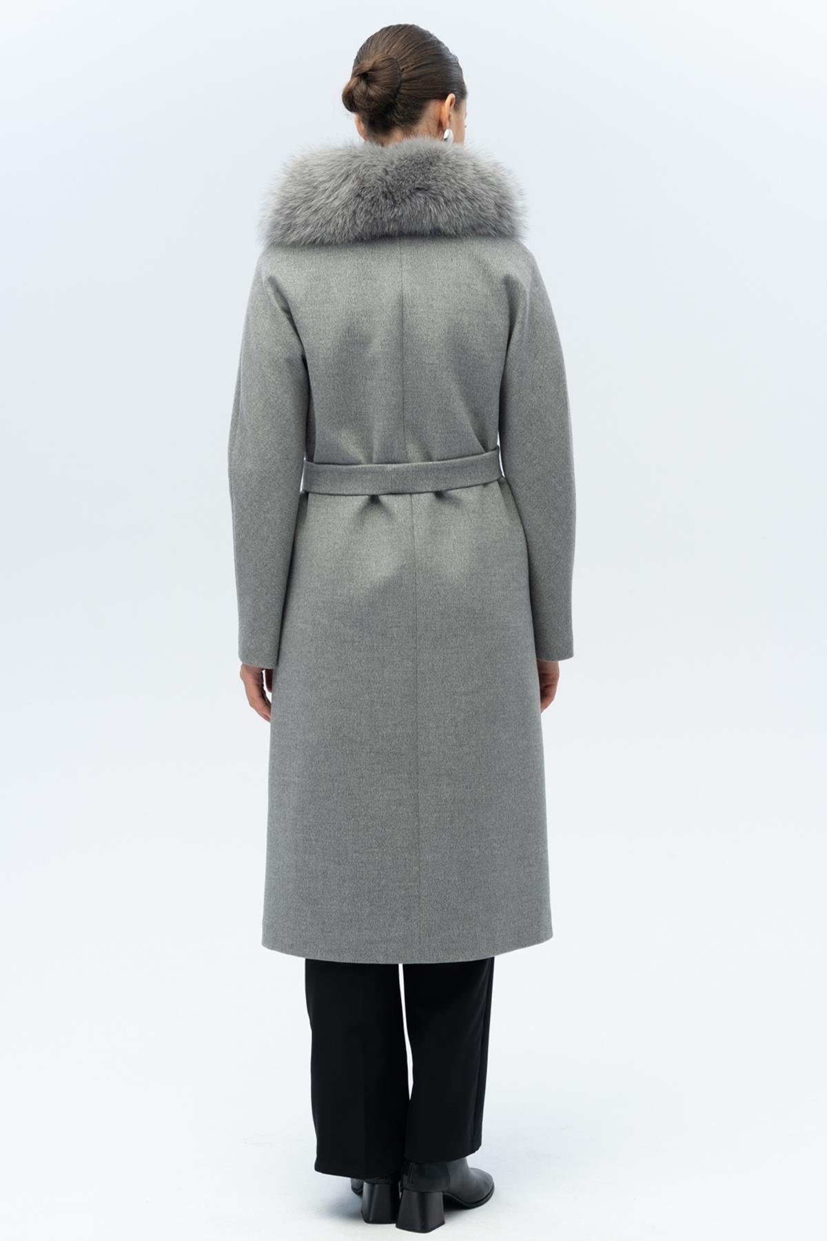 Yarasa Kol Yakası Çıkabilir Kürklü Punto Dikiş Detaylı Kaşmir Kaban GRİ 3120-TK