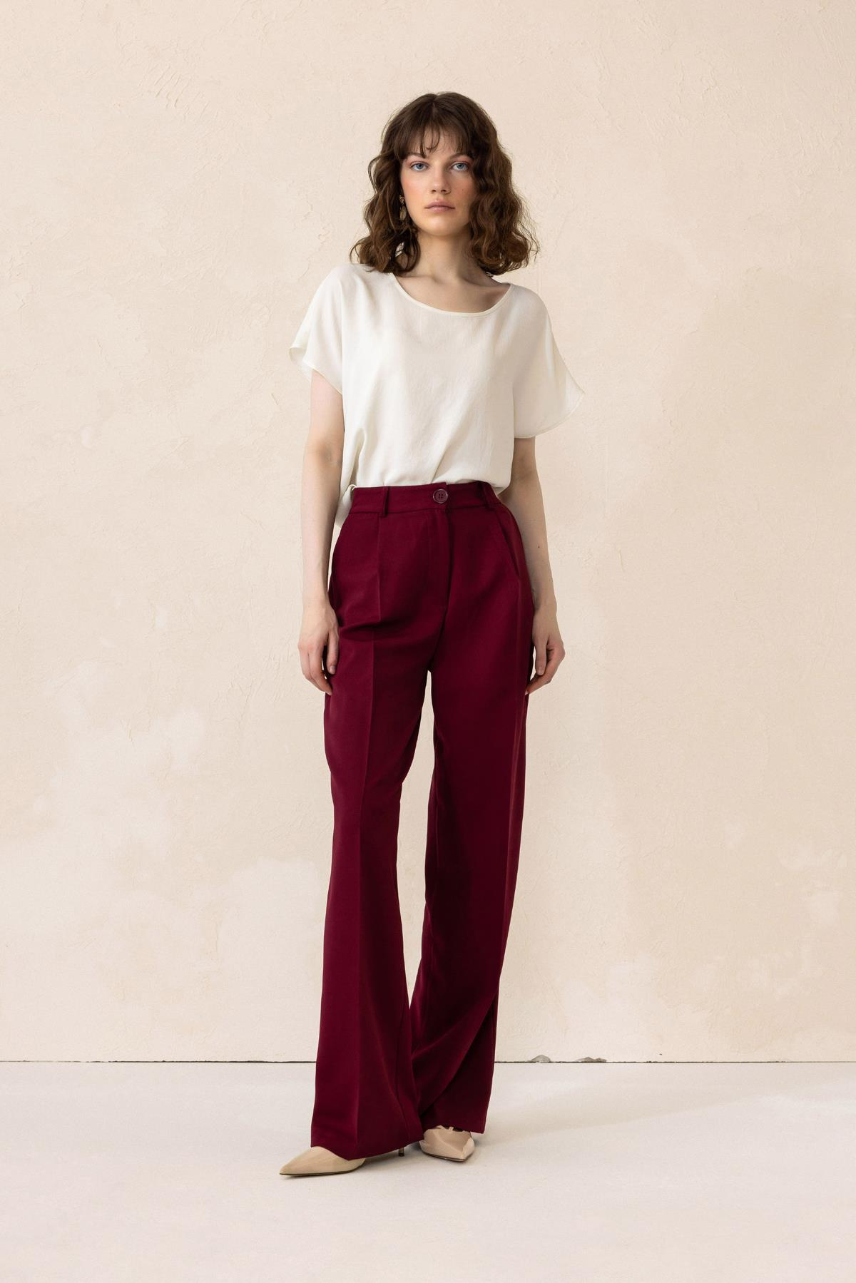 Yüksek Bel Bol Paça Palazzo Pantolon BORDO 7577