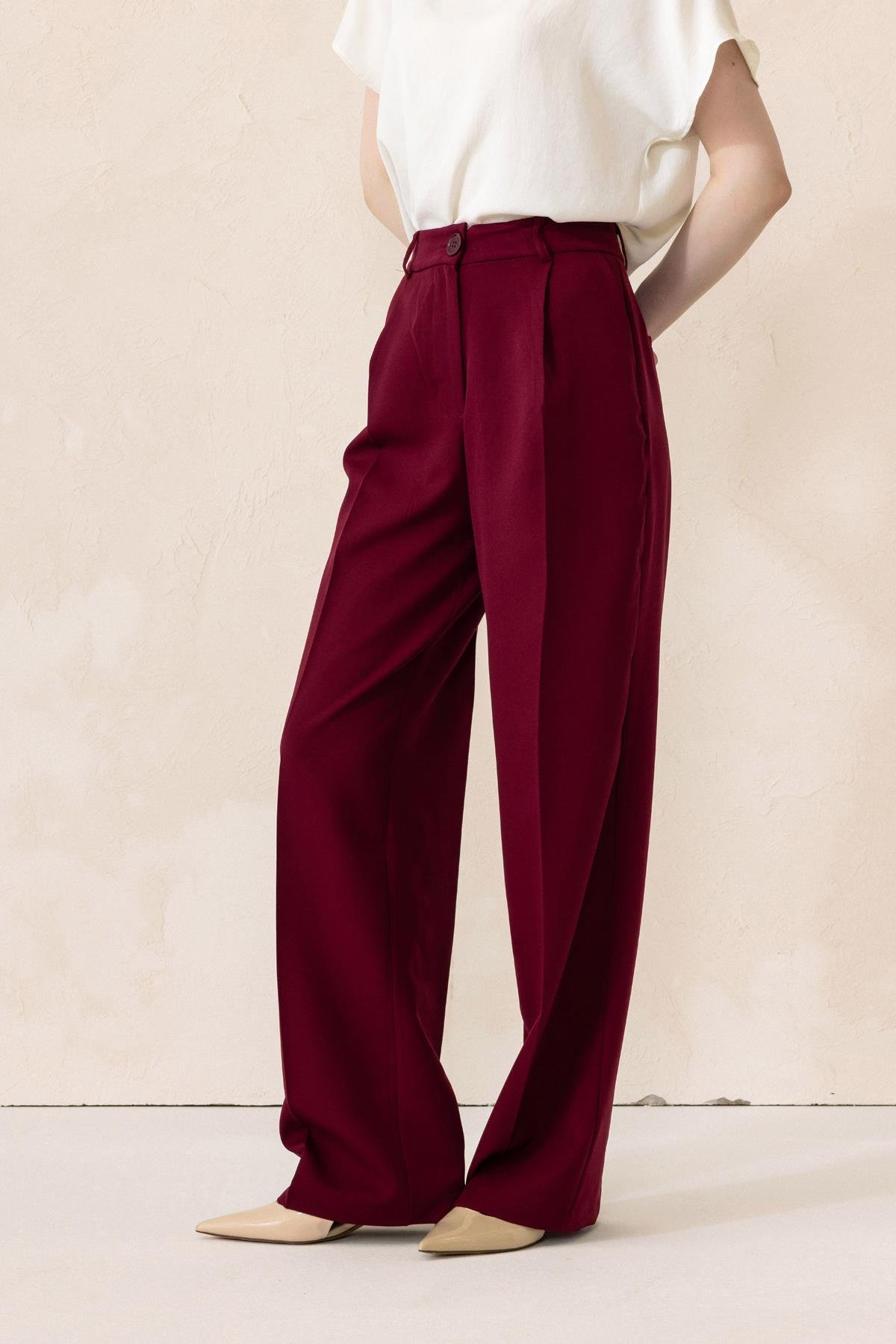 Yüksek Bel Bol Paça Palazzo Pantolon BORDO 7577