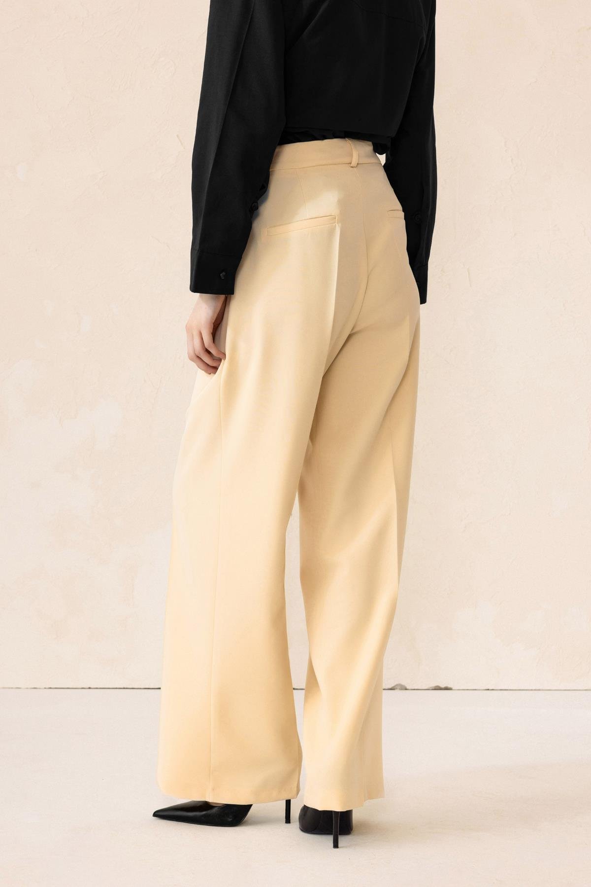 Yüksek Bel Bol Paça Palazzo Pantolon KREM 7577