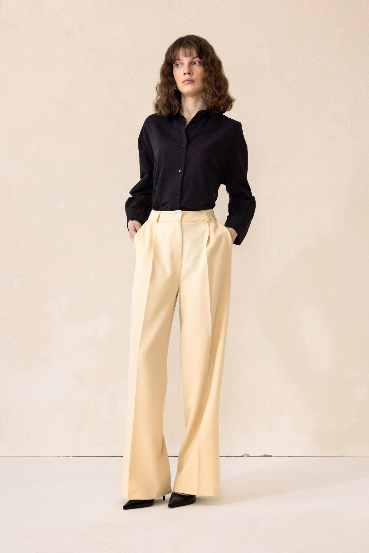 Yüksek Bel Bol Paça Palazzo Pantolon KREM 7577