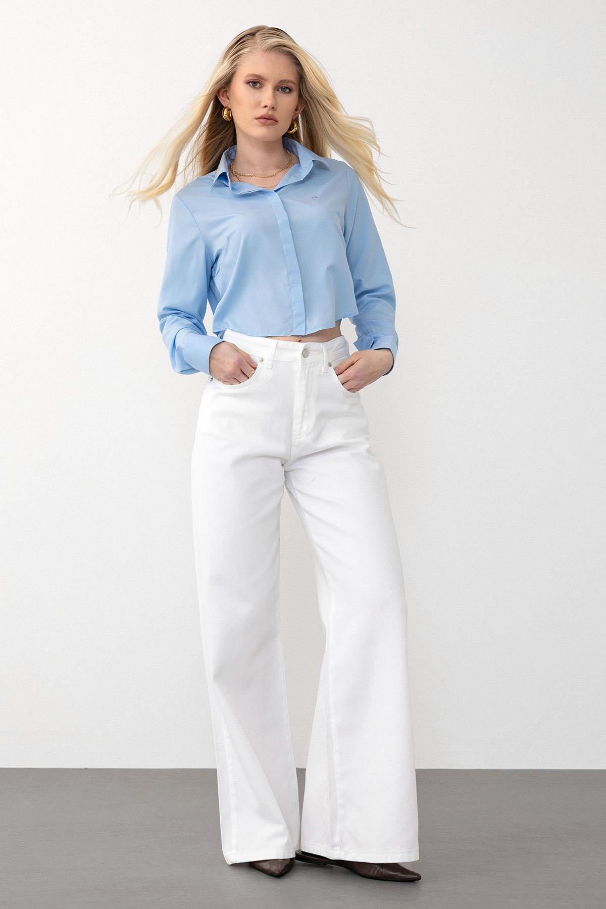 Yüksek Bel Geniş Paça Jean Pantolon BEYAZ 7571