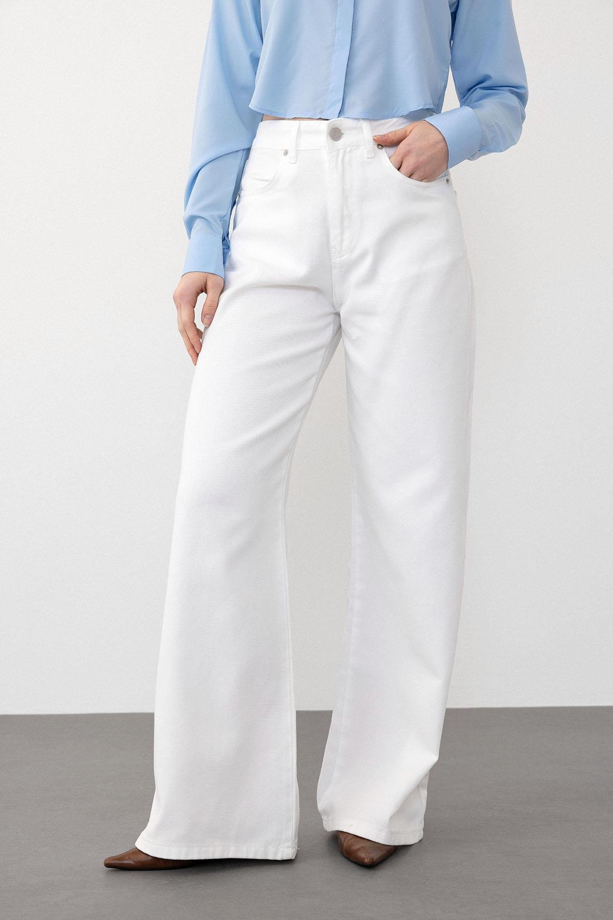 Yüksek Bel Geniş Paça Jean Pantolon BEYAZ 7571