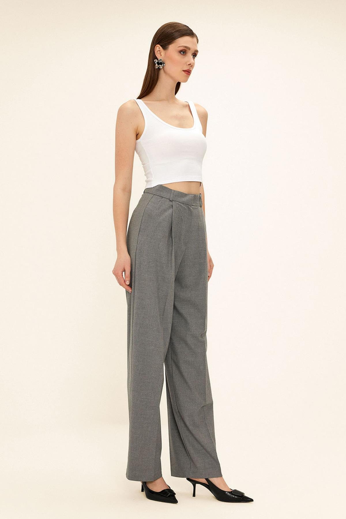Yüksek Bel Pileli Palazzo Pantolon GRİ 7582