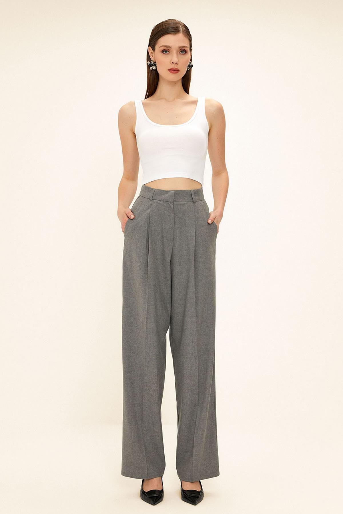 Yüksek Bel Pileli Palazzo Pantolon GRİ 7582