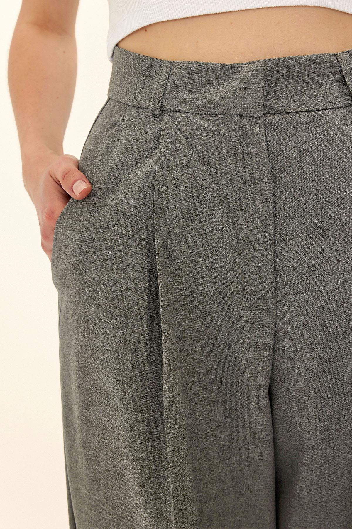 Yüksek Bel Pileli Palazzo Pantolon GRİ 7582