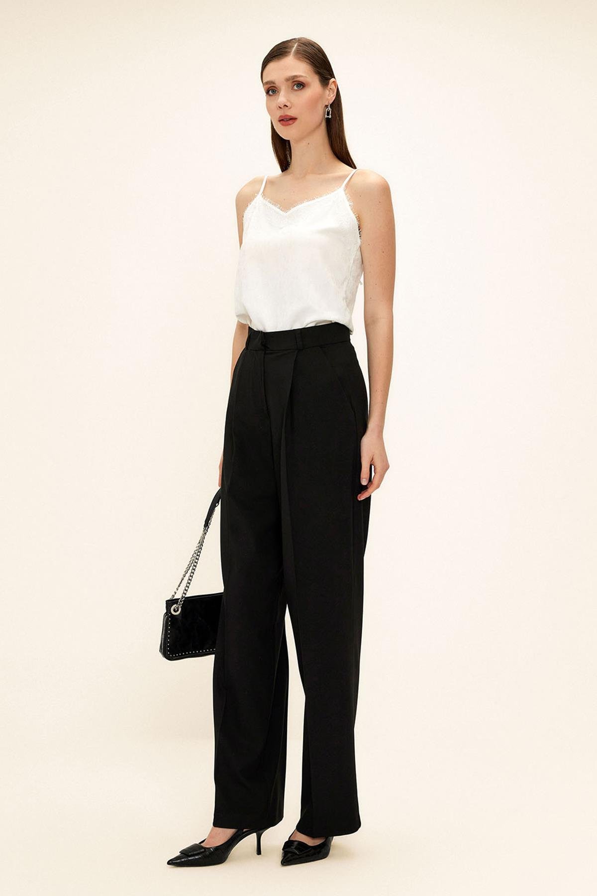 Yüksek Bel Pileli Palazzo Pantolon SİYAH 7582