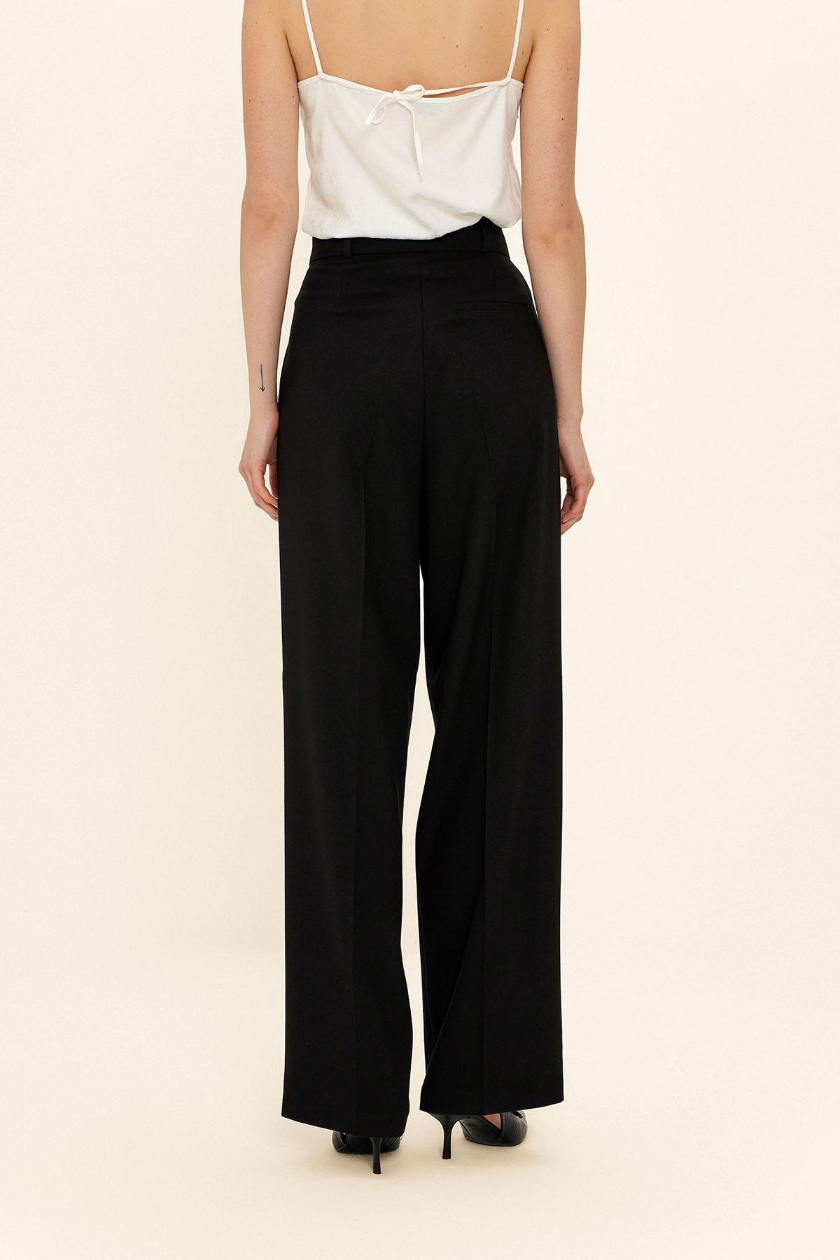 Yüksek Bel Pileli Palazzo Pantolon SİYAH 7582