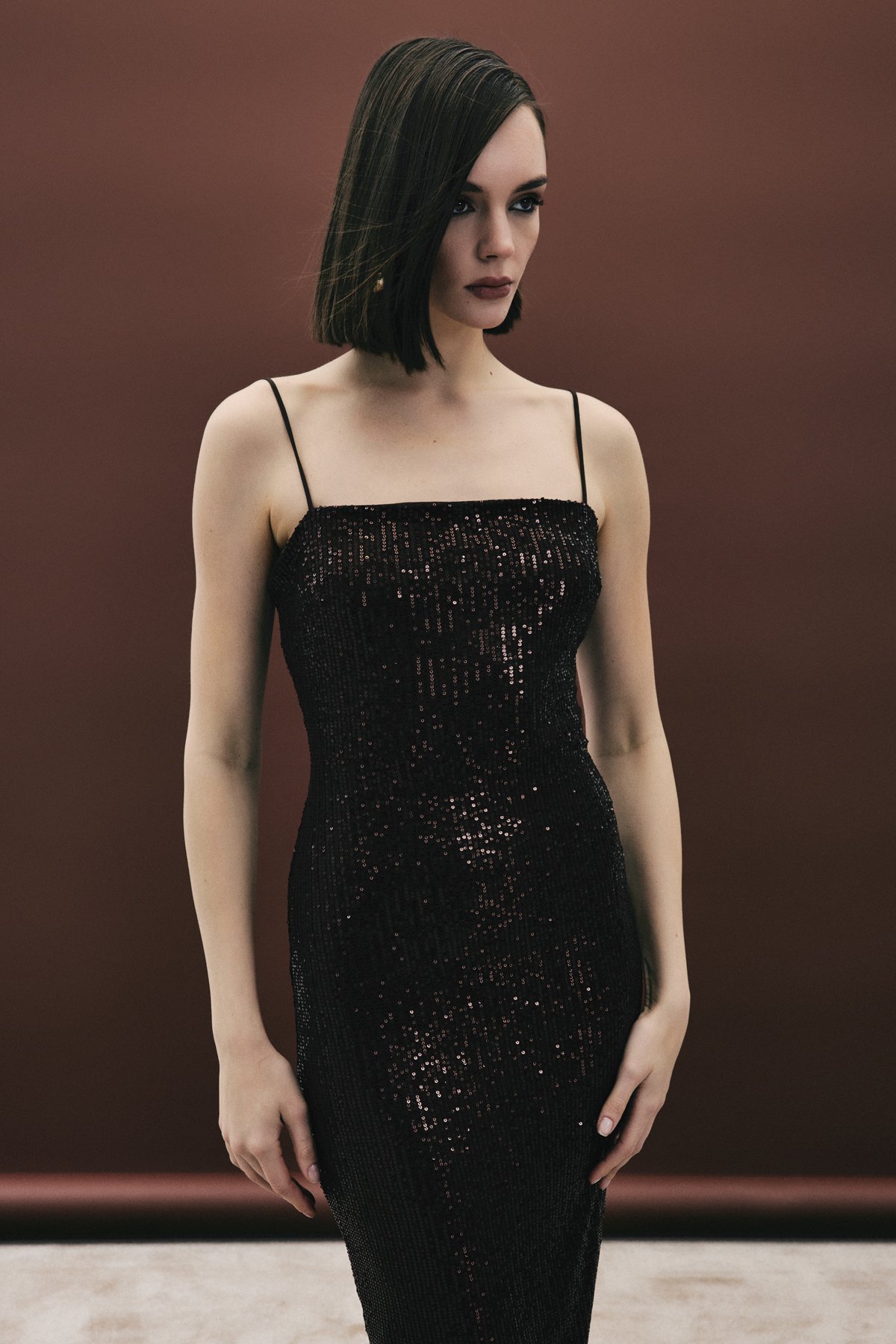 Askılı Uzun Payet Elbise - Kahve