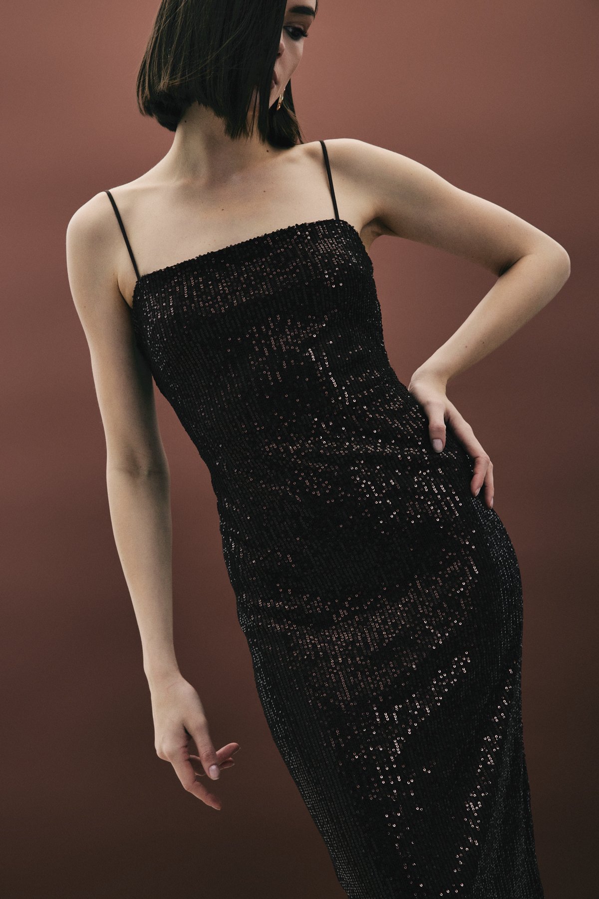 Askılı Uzun Payet Elbise - Kahve