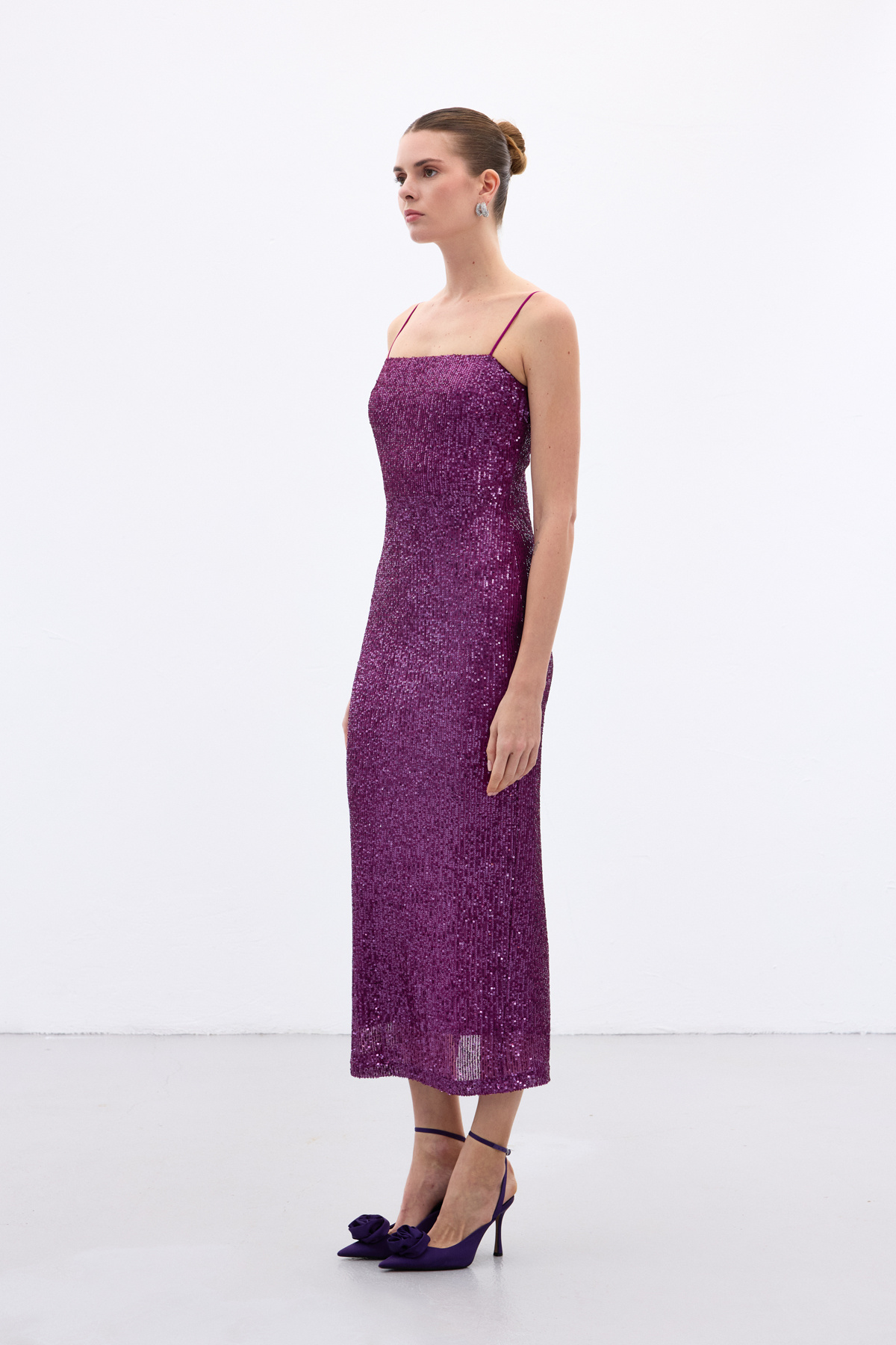 Askılı Uzun Payet Elbise - Mürdüm