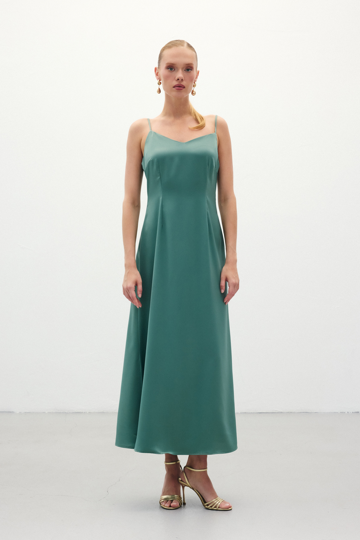 Askılı Uzun Saten Elbise - Mint