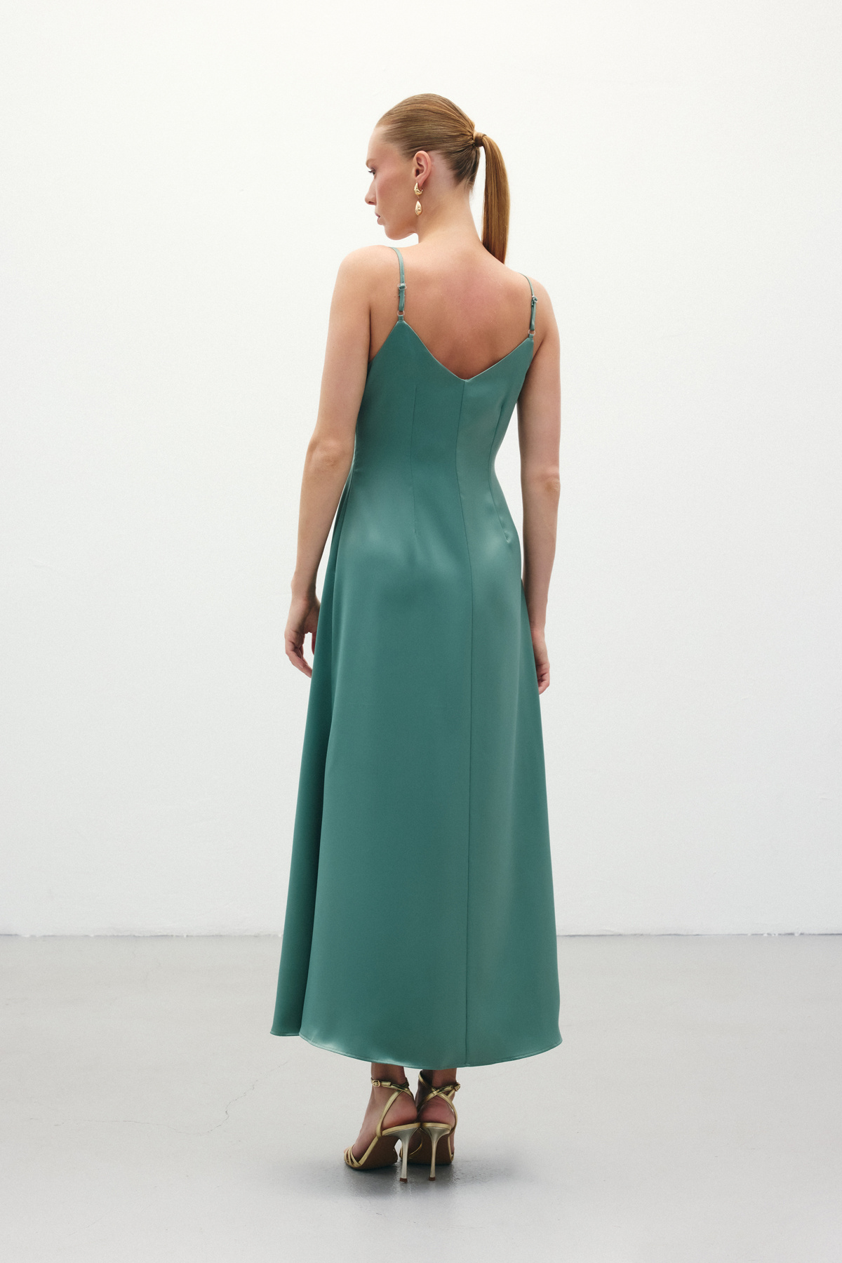 Askılı Uzun Saten Elbise - Mint