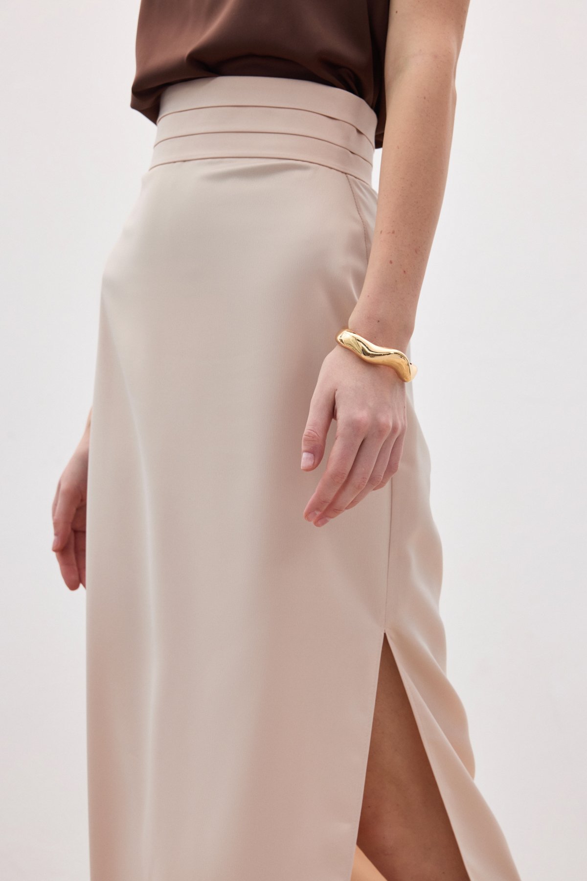 Bel Pile Detaylı Saten Etek - Bej