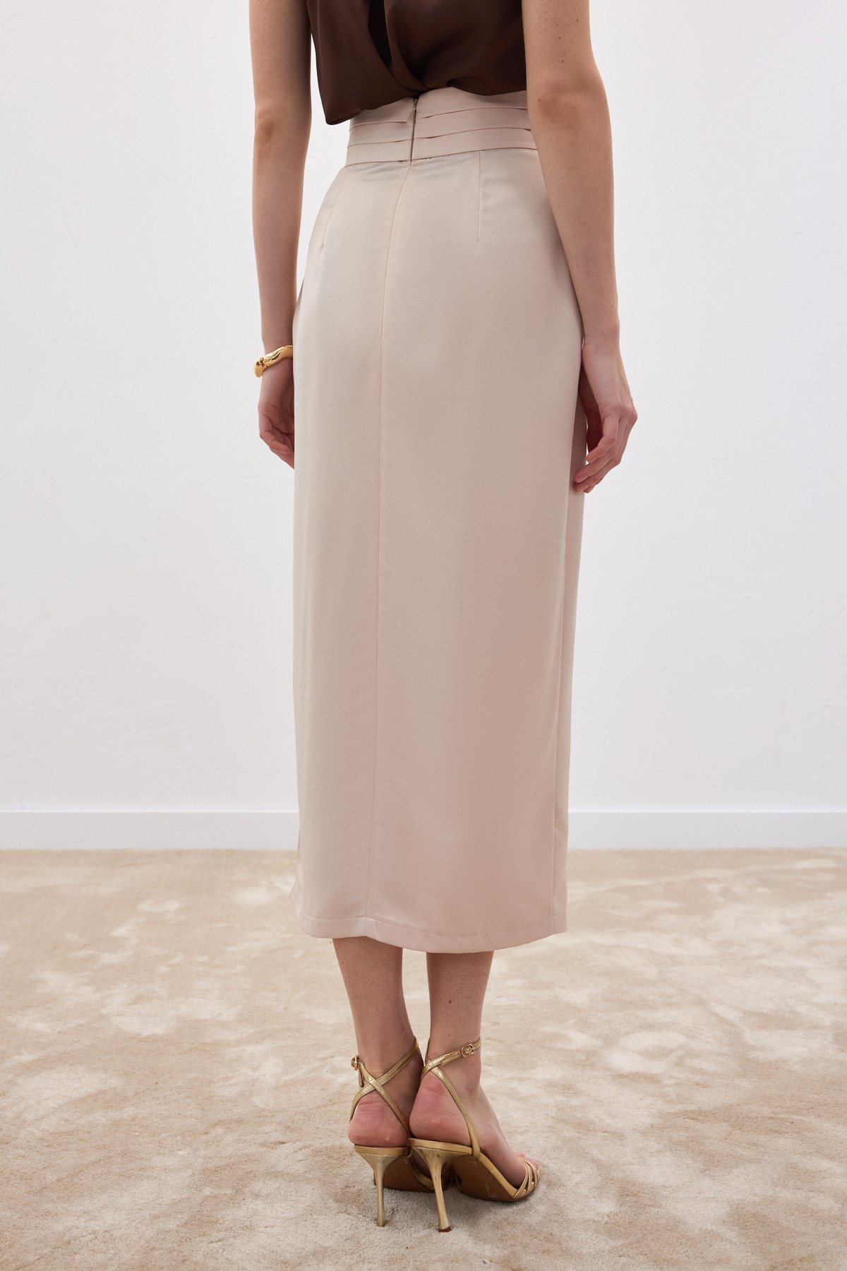 Bel Pile Detaylı Saten Etek - Bej