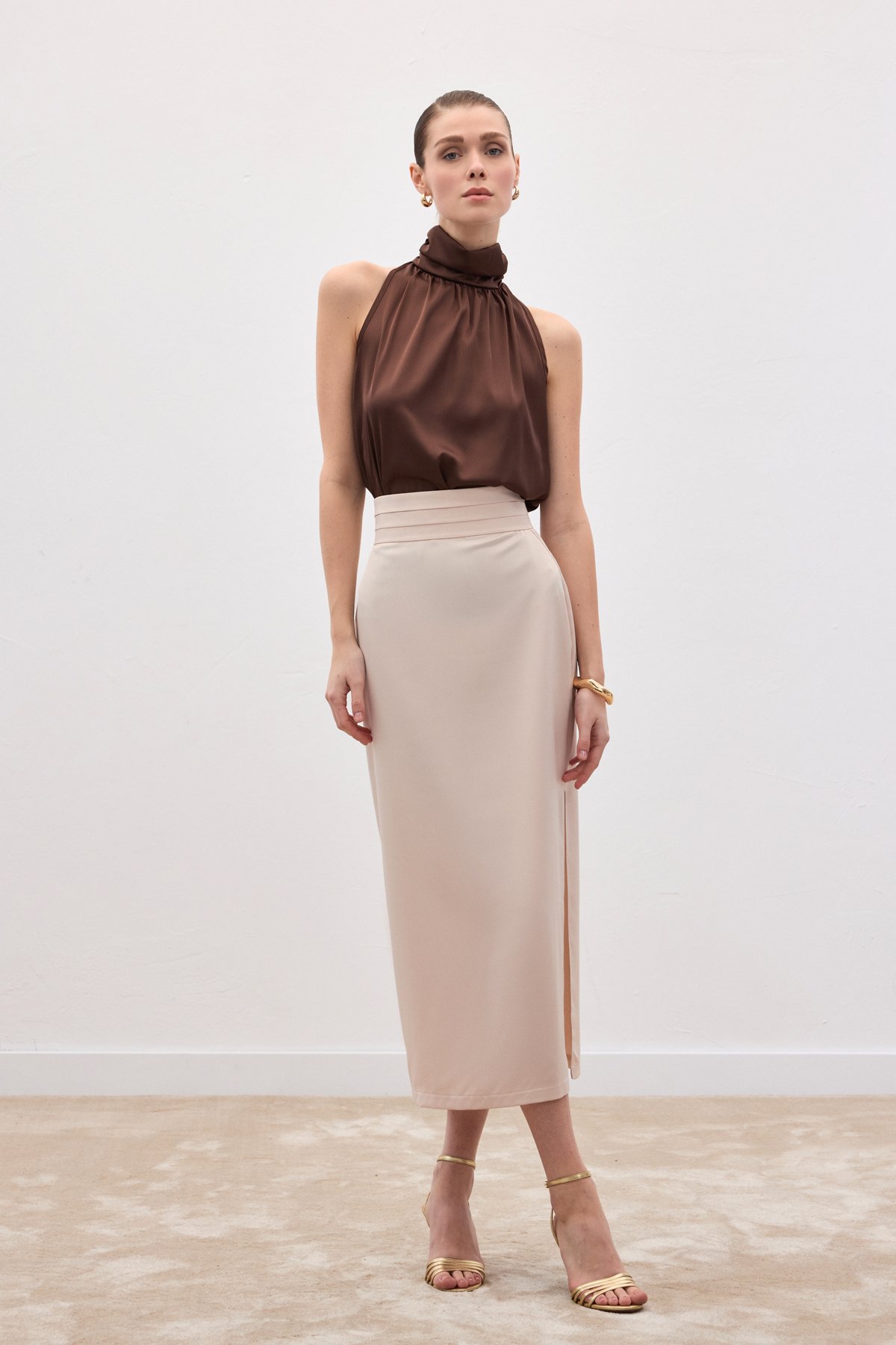 Bel Pile Detaylı Saten Etek - Bej