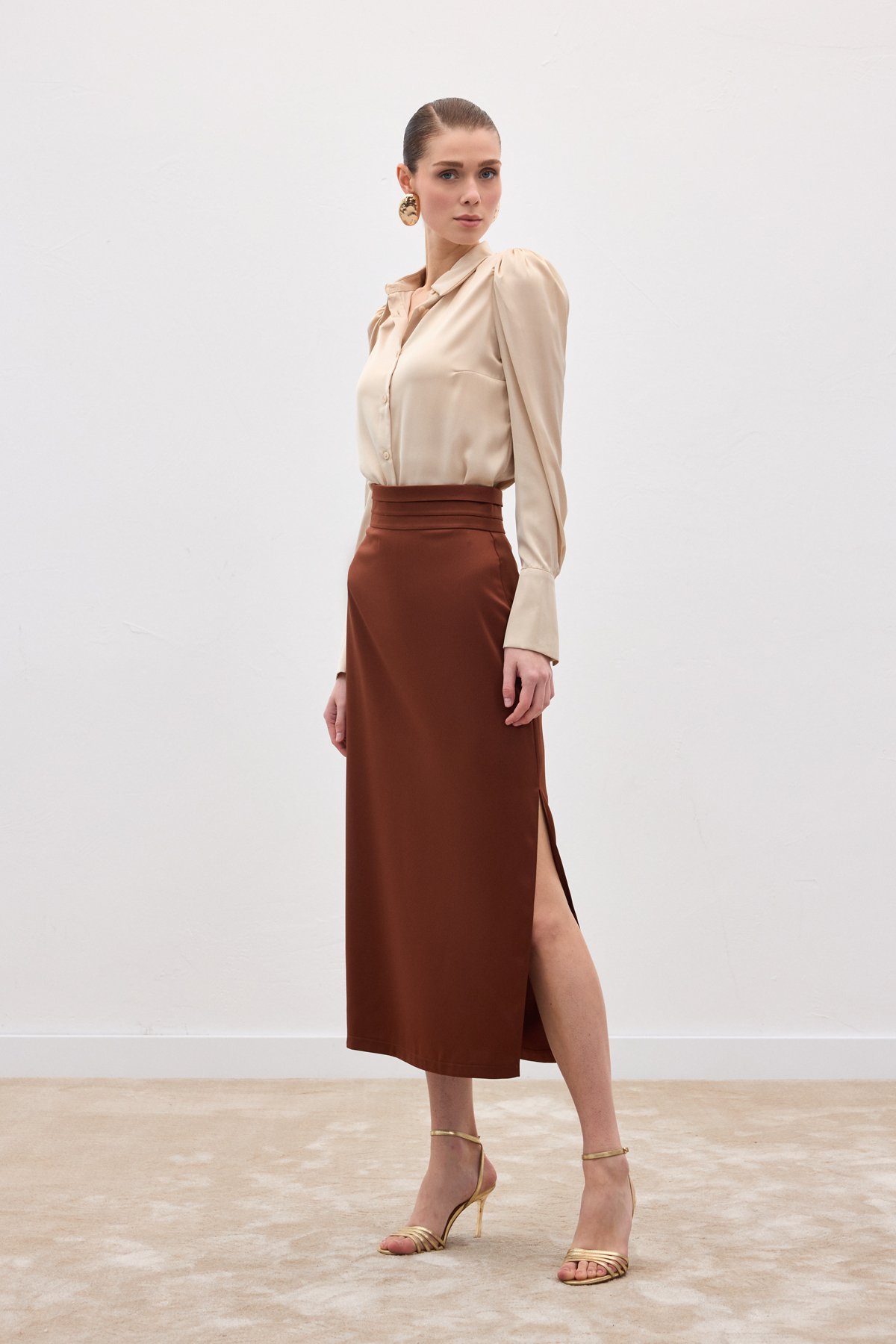 Bel Pile Detaylı Saten Etek - Kahve
