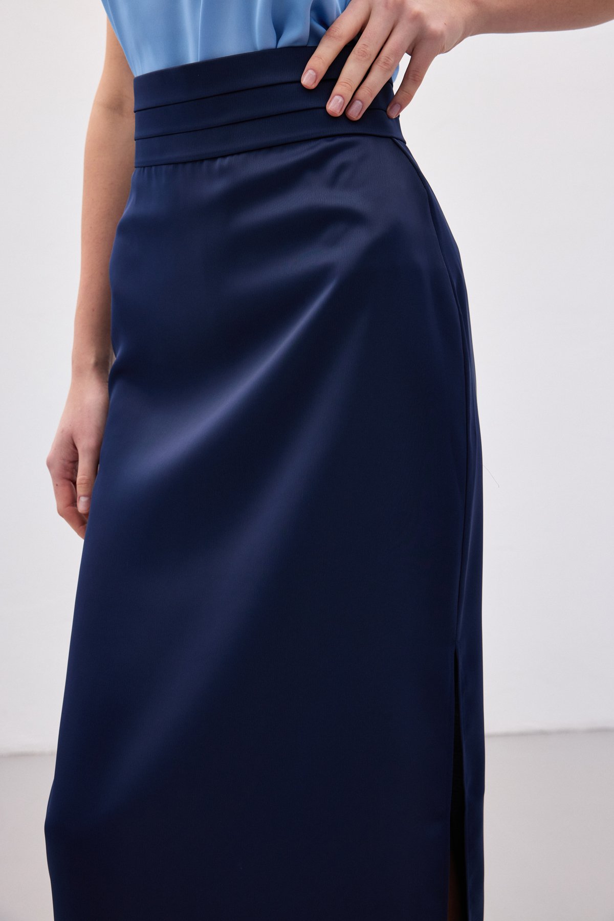 Bel Pile Detaylı Saten Etek - Lacivert