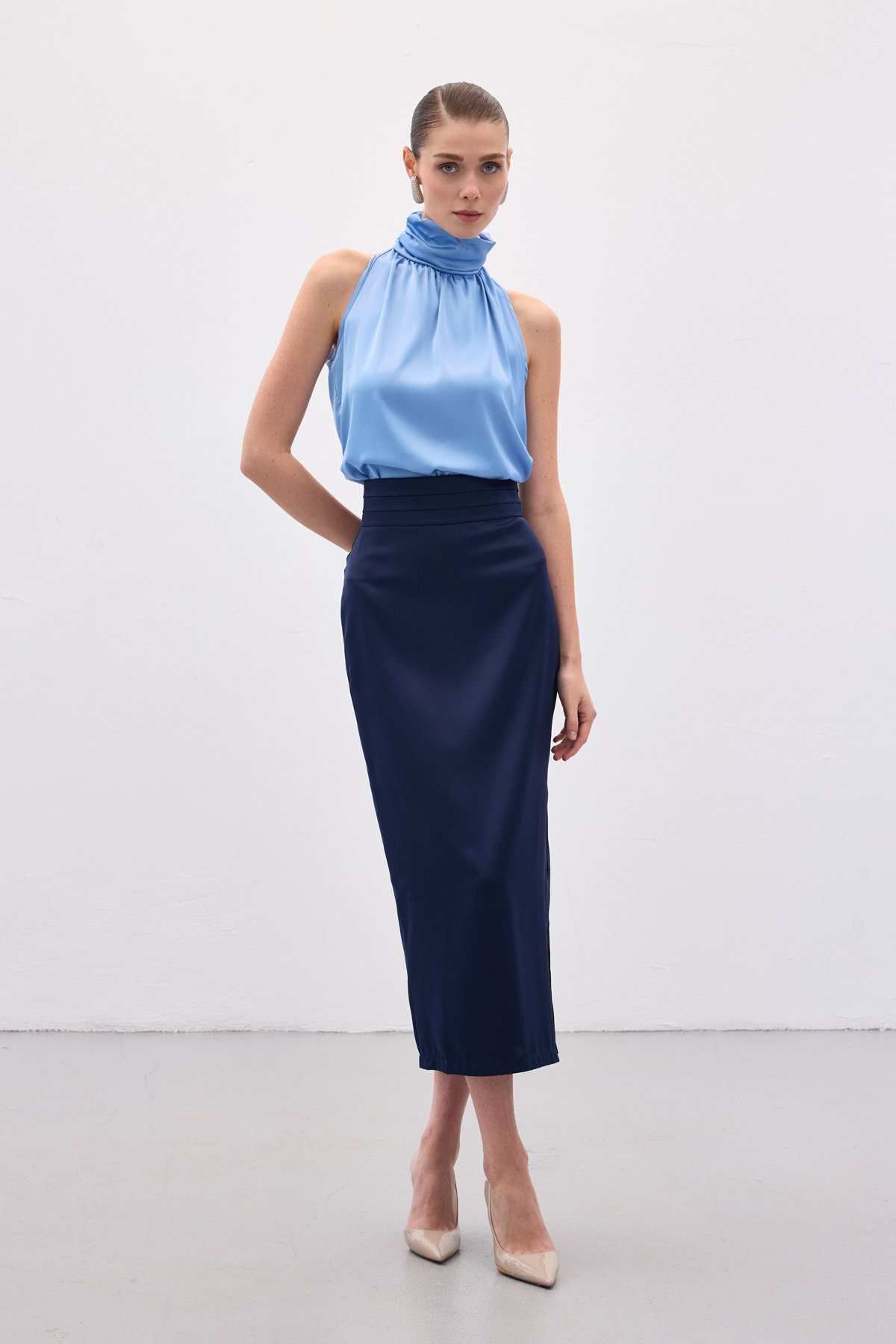 Bel Pile Detaylı Saten Etek - Lacivert