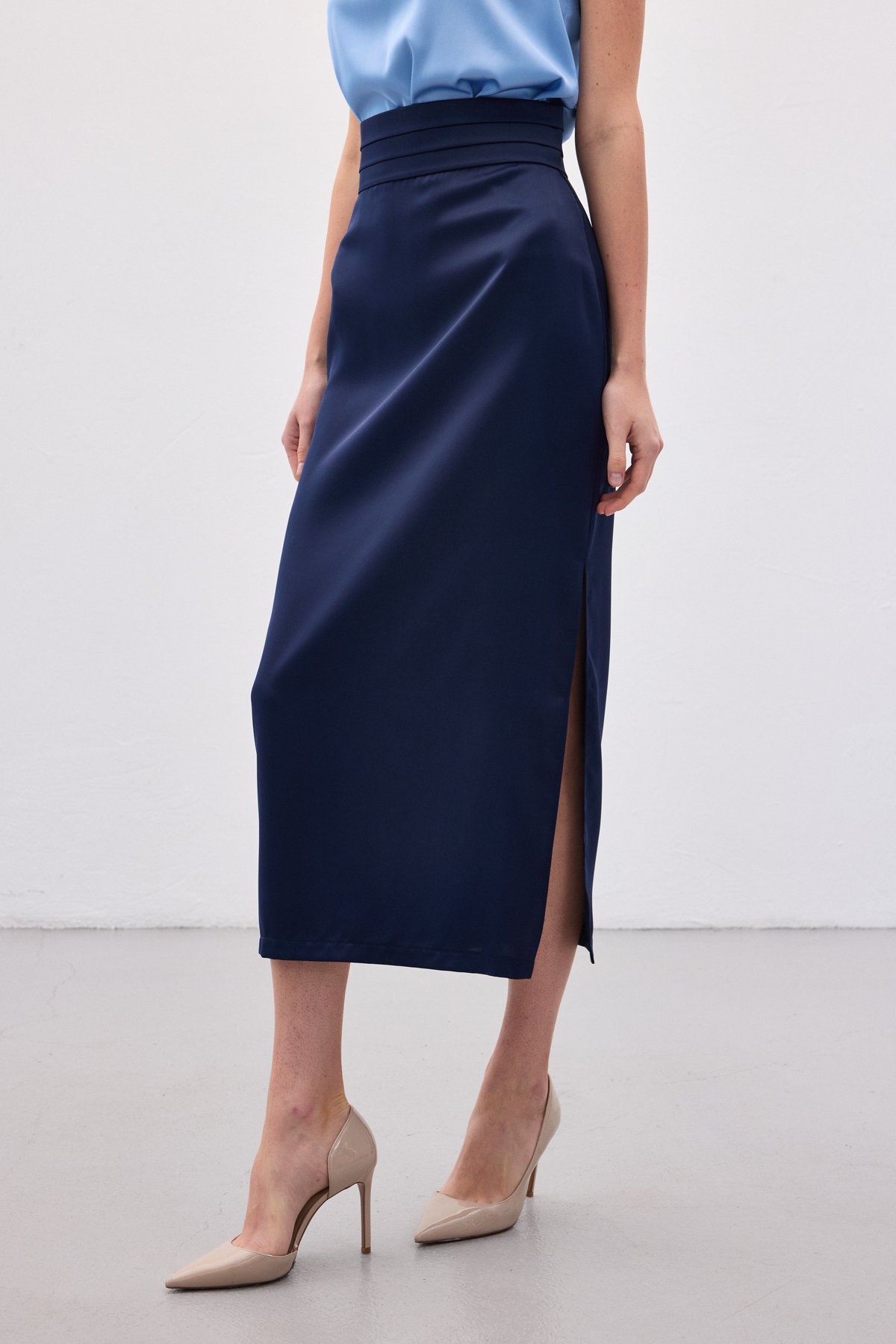 Bel Pile Detaylı Saten Etek - Lacivert