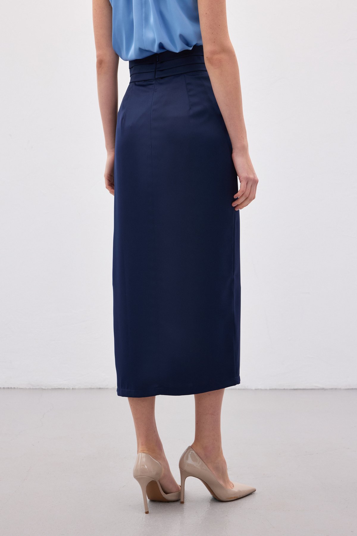 Bel Pile Detaylı Saten Etek - Lacivert