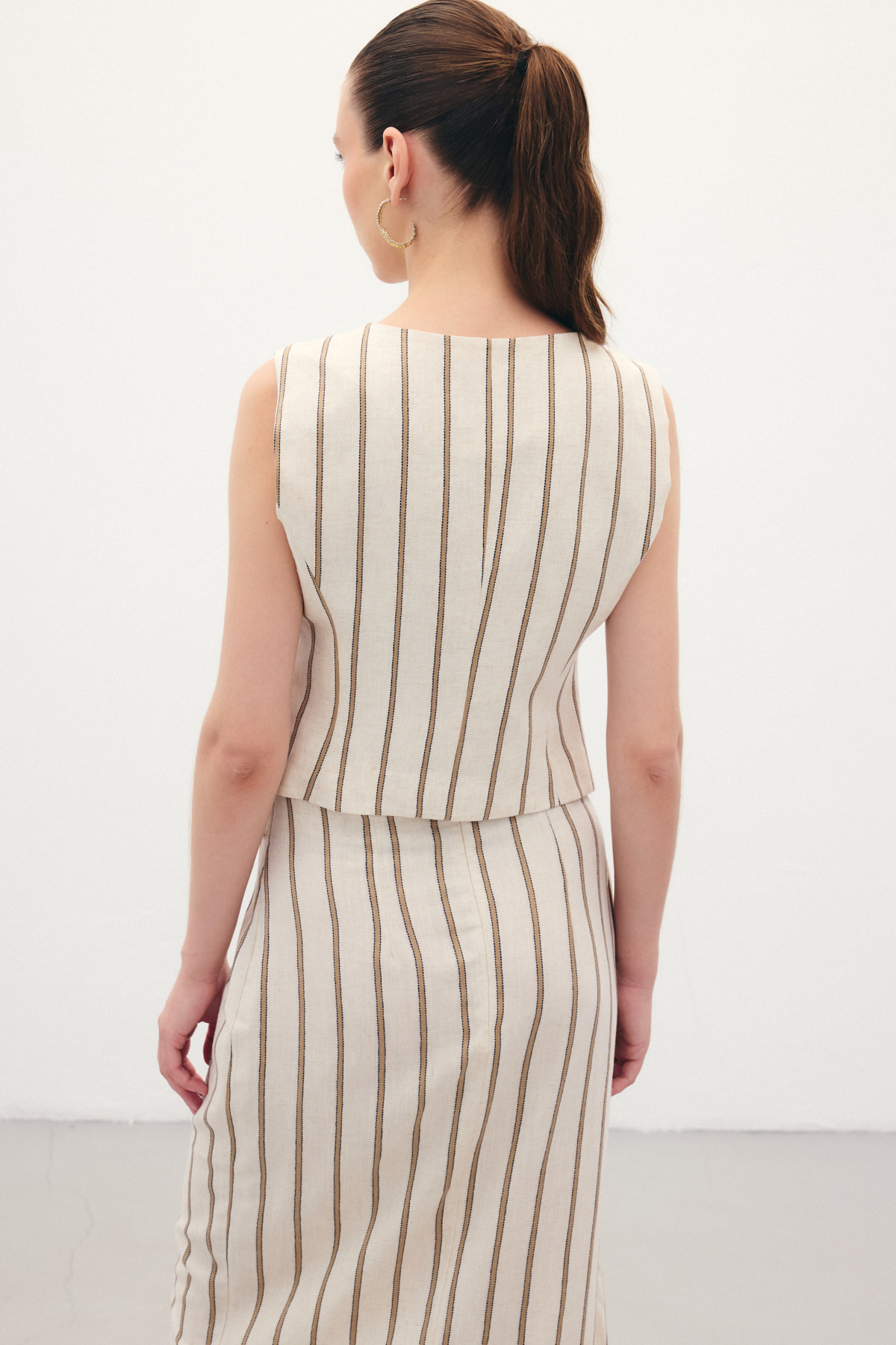 Çizgili Keten Karışımlı Yelek - Camel