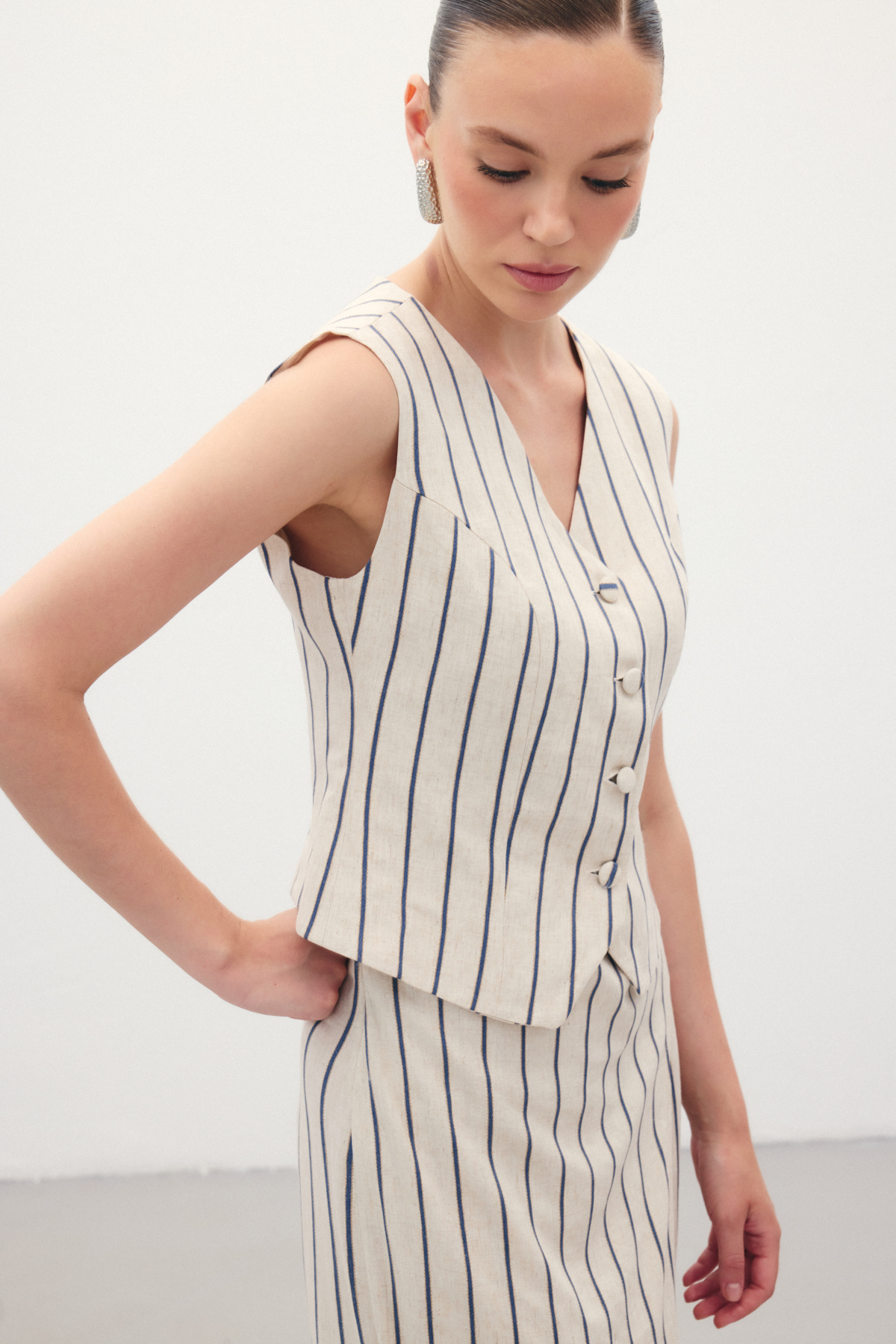 Çizgili Keten Karışımlı Yelek - Lacivert