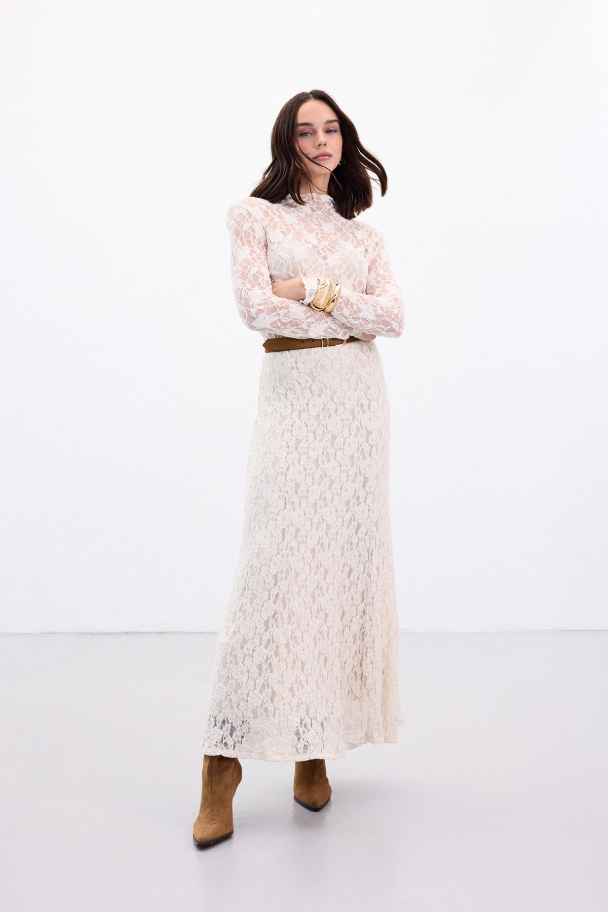 Dantelli Uzun Etek - Bej