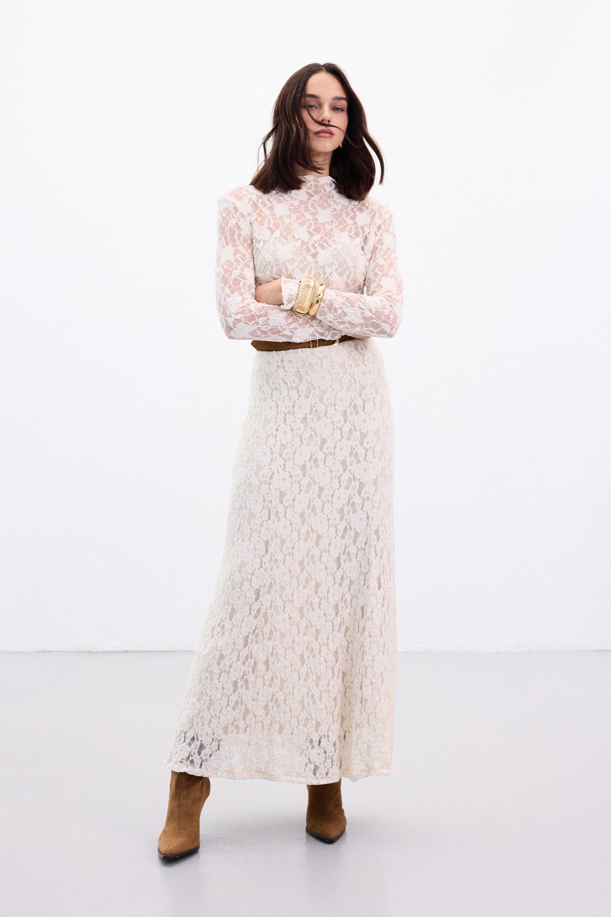 Dantelli Uzun Etek - Bej