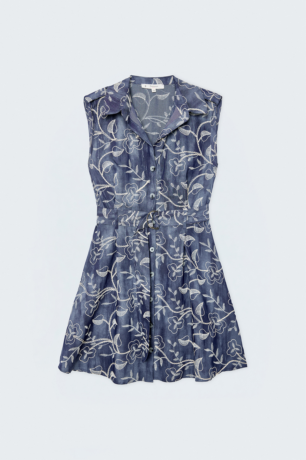 Denim Görünümlü Nakışlı Mini Elbise - Lacivert