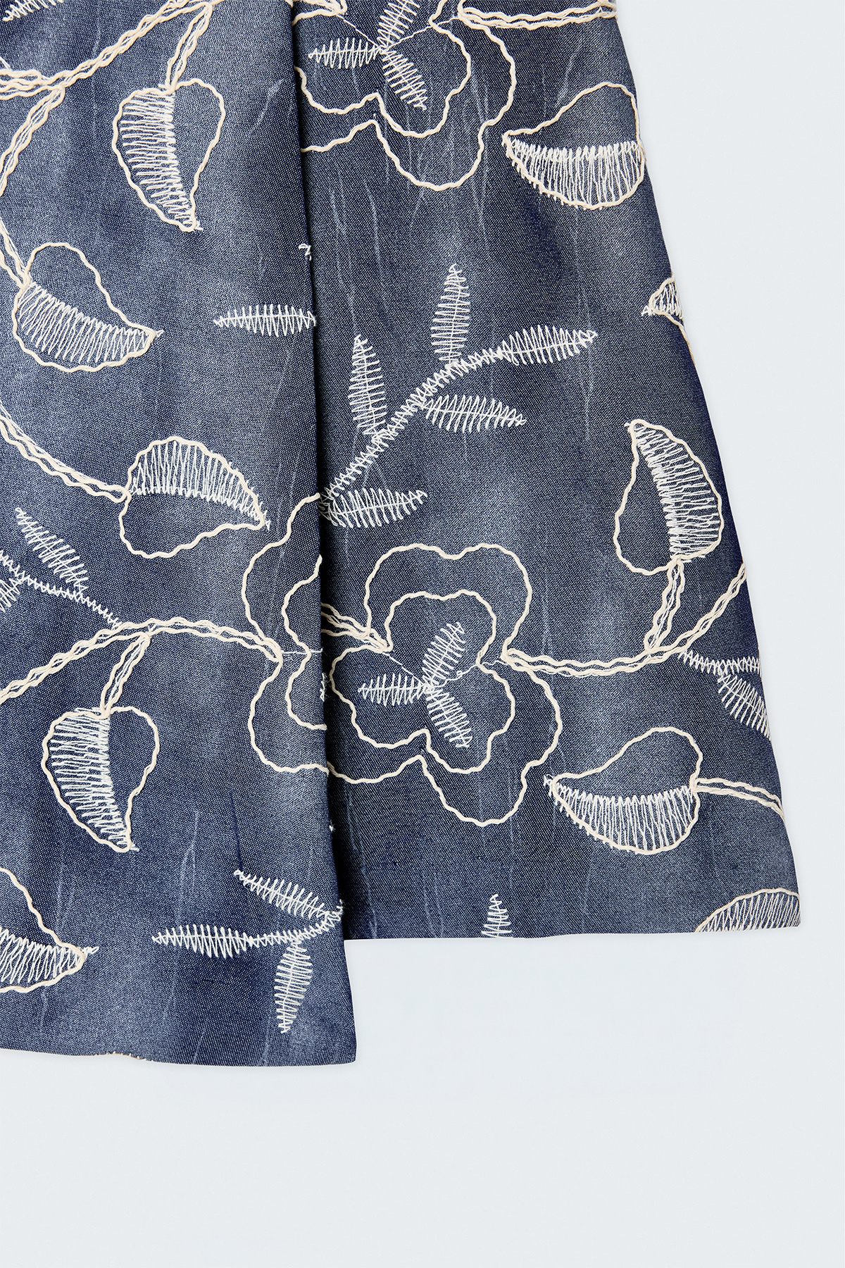 Denim Görünümlü Nakışlı Şort Etek - Lacivert