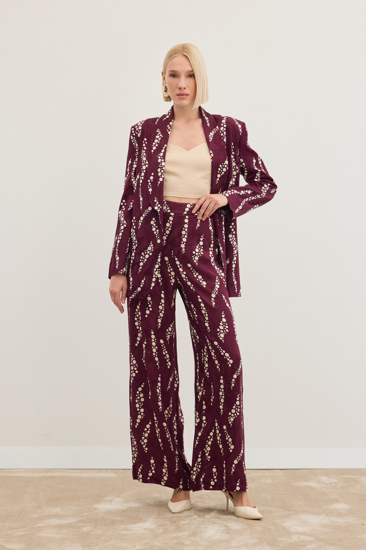 Desenli Bol Paça Pantolon - Bordo