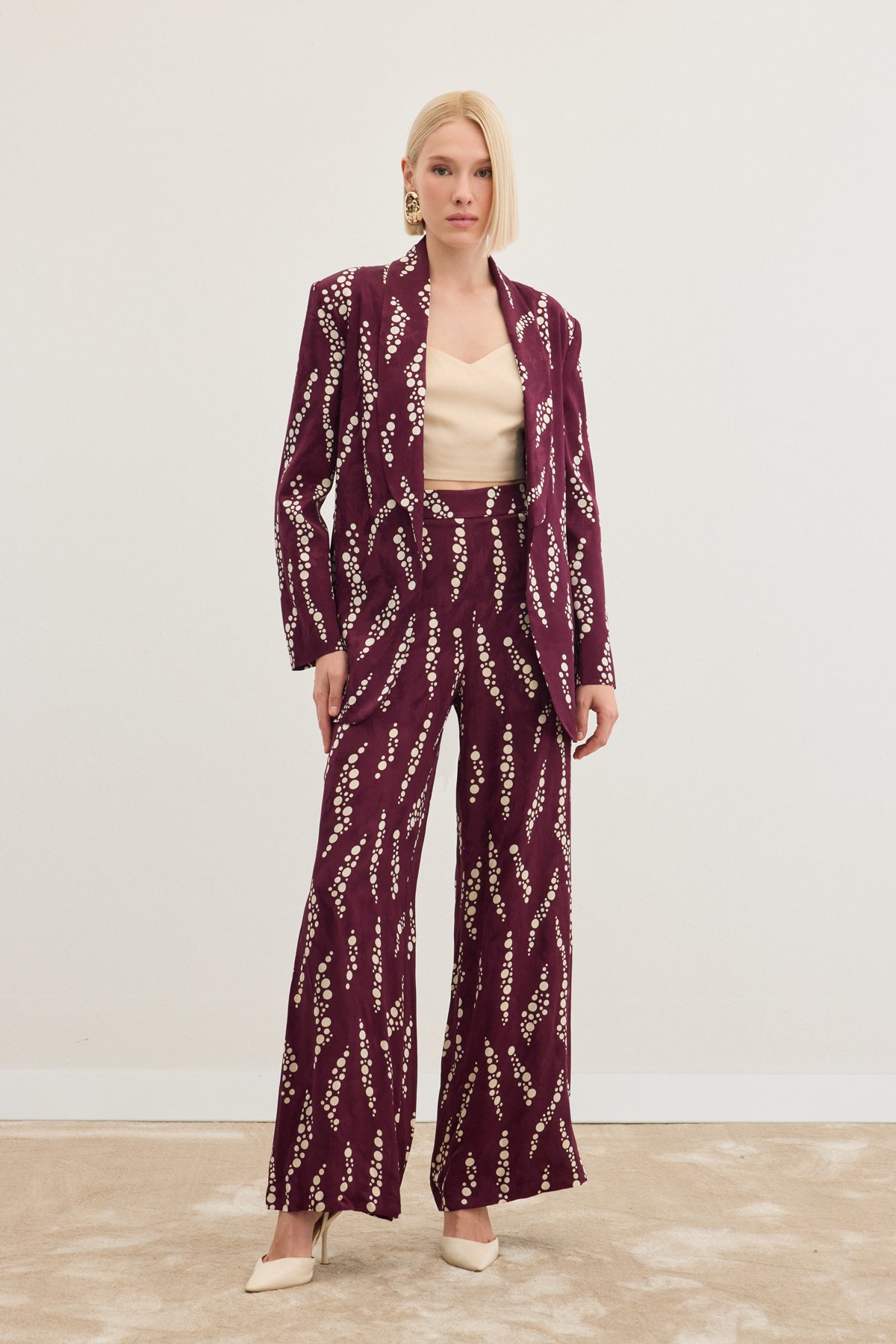 Desenli Bol Paça Pantolon - Bordo