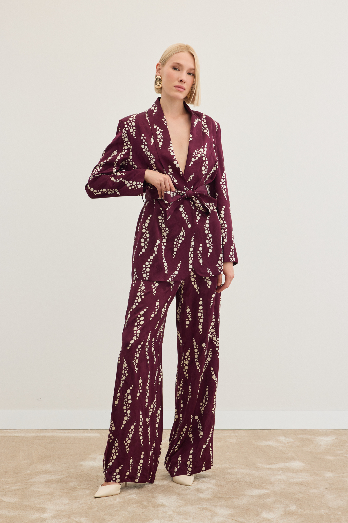 Desenli Bol Paça Pantolon - Bordo