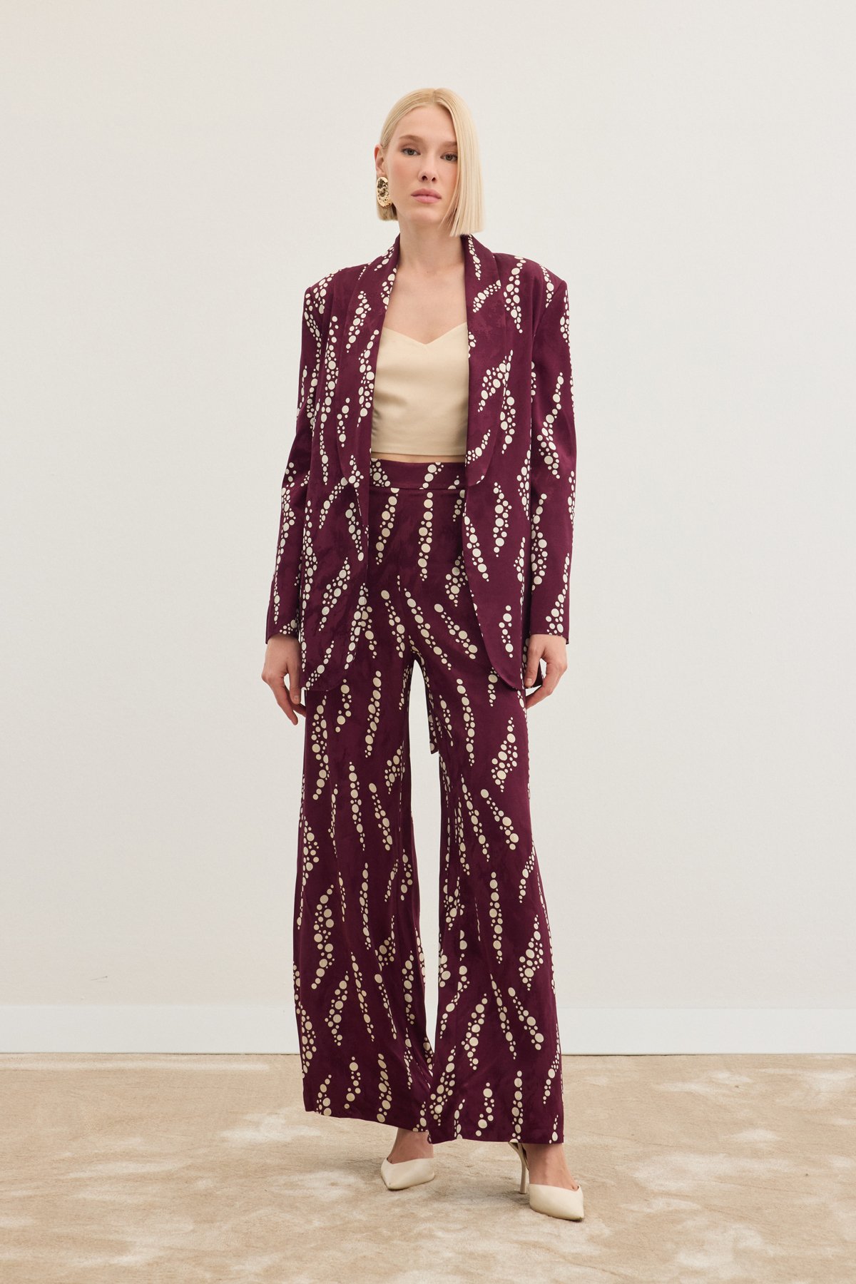 Desenli Bol Paça Pantolon - Bordo