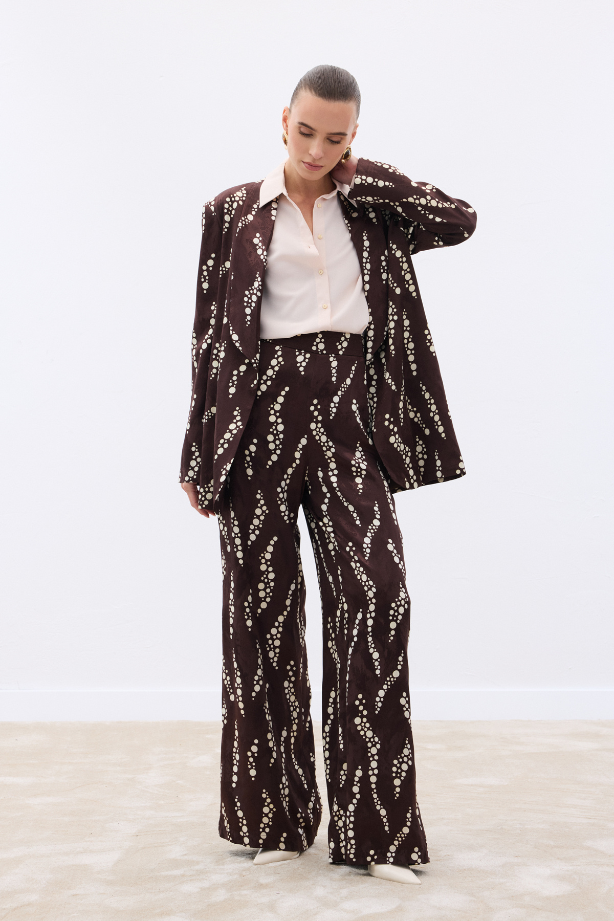 Desenli Bol Paça Pantolon - Kahve