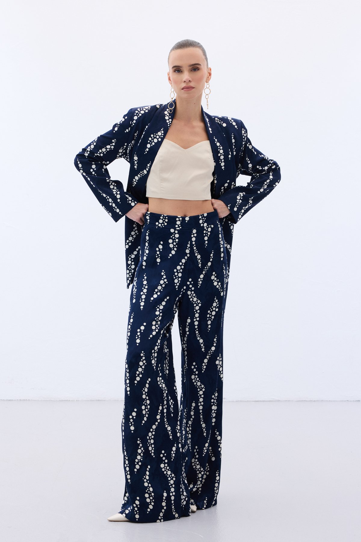 Desenli Bol Paça Pantolon - Lacivert