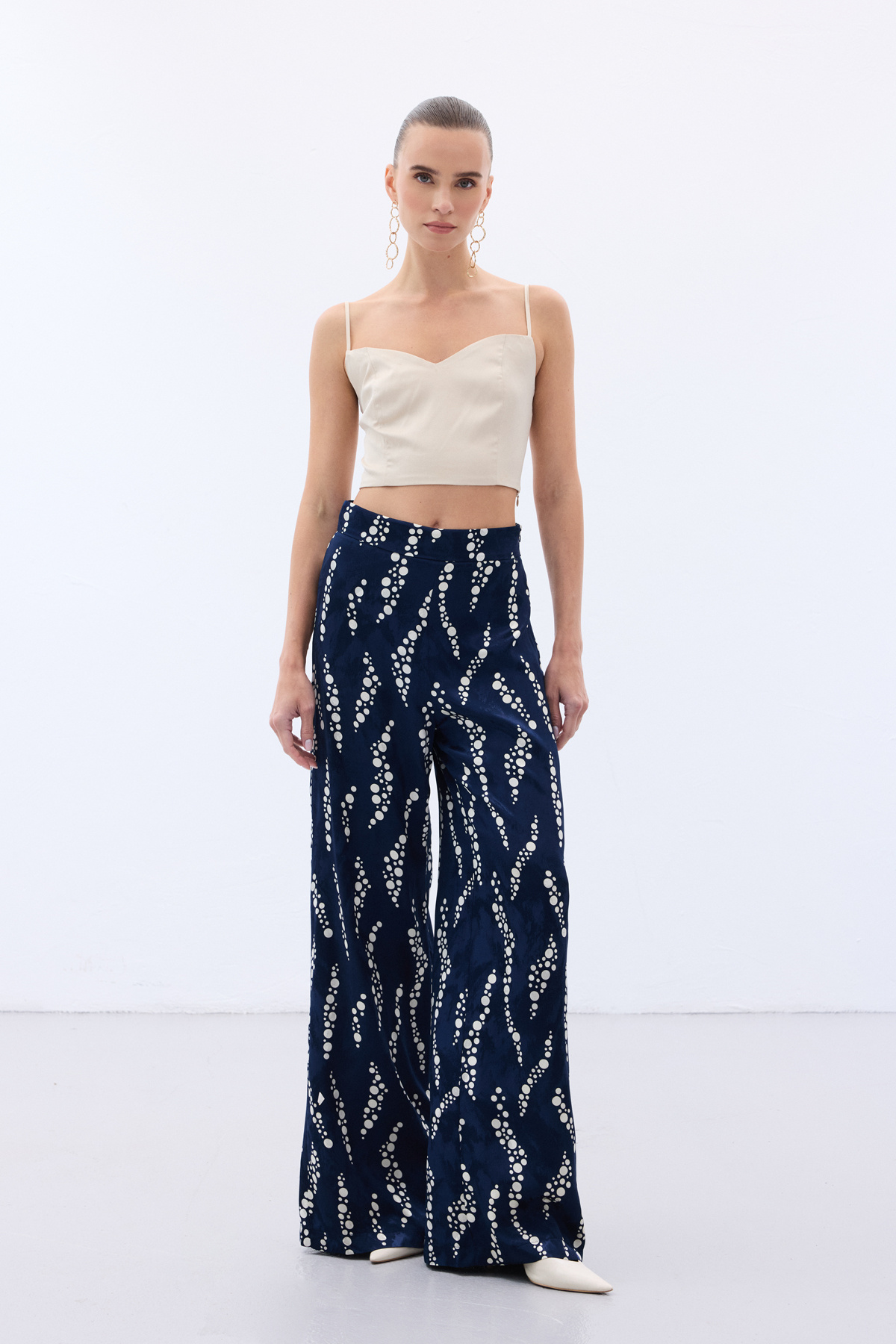 Desenli Bol Paça Pantolon - Lacivert