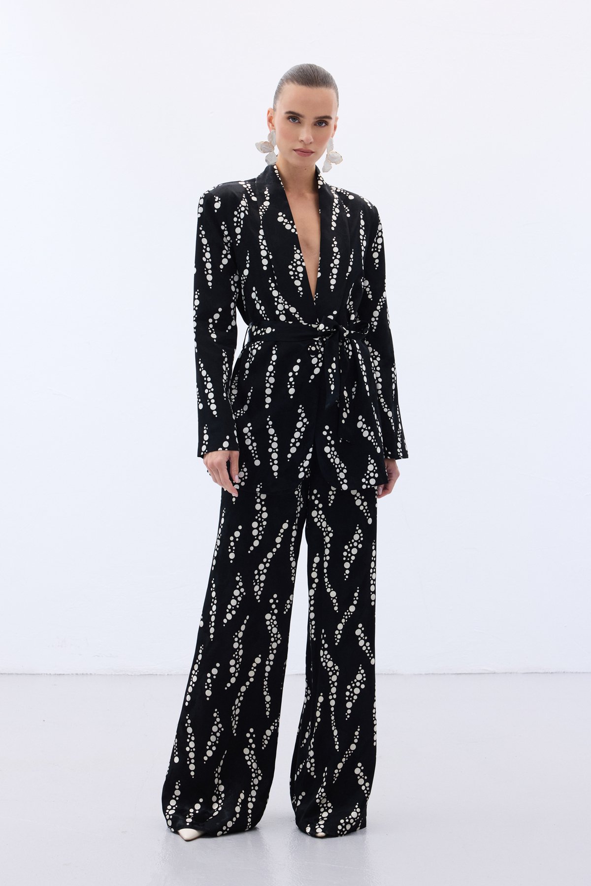 Desenli Bol Paça Pantolon - Siyah