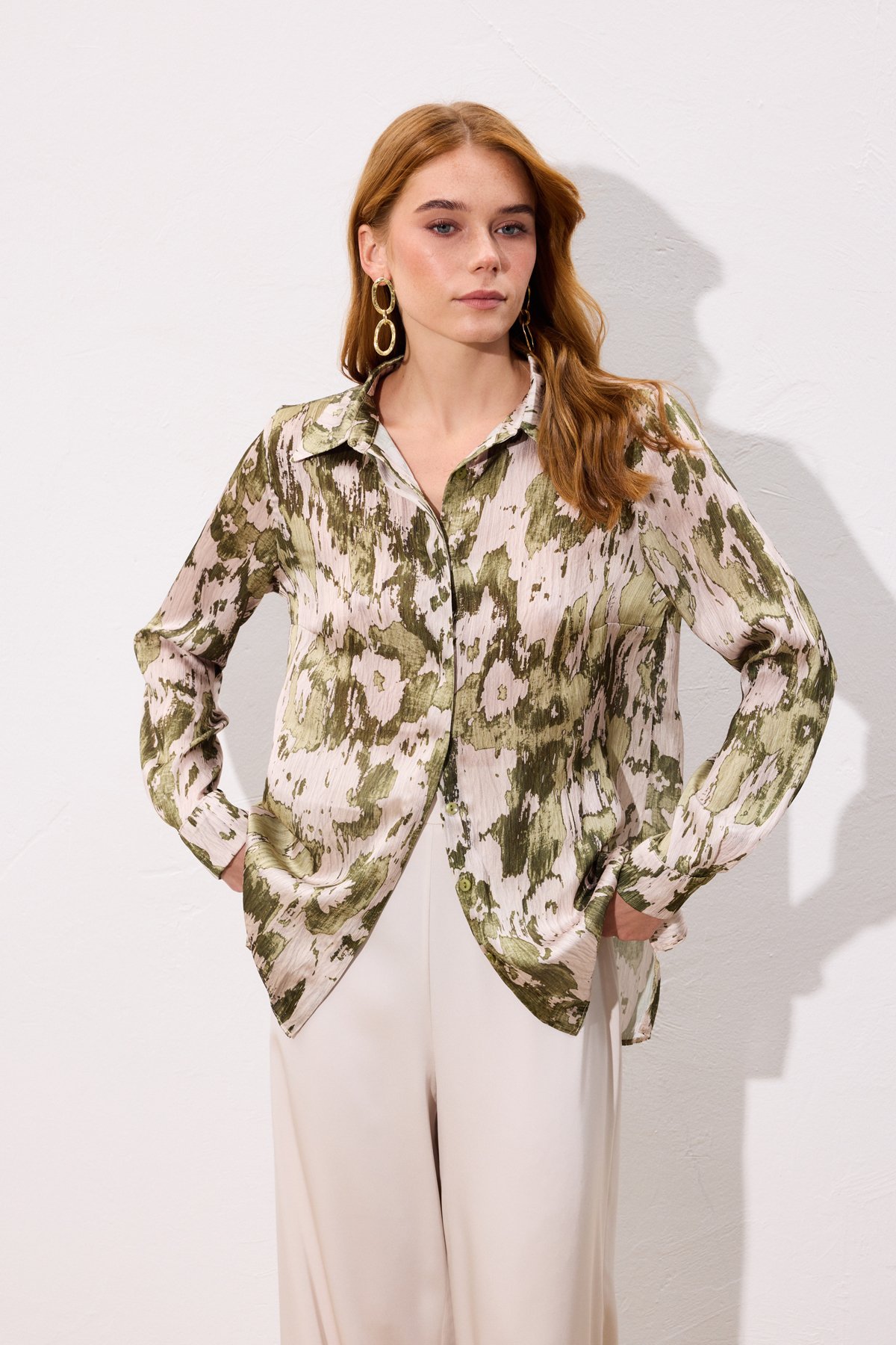 Desenli Düz Kesim Gömlek - Haki