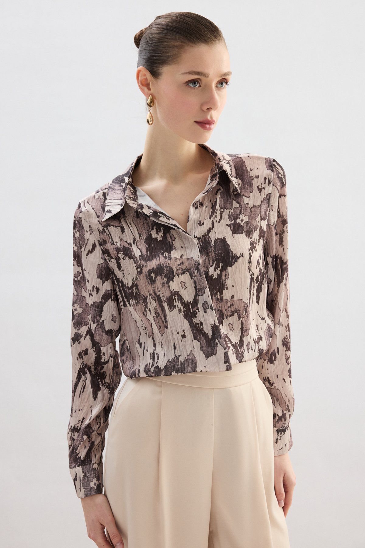 Desenli Düz Kesim Gömlek - Kahve