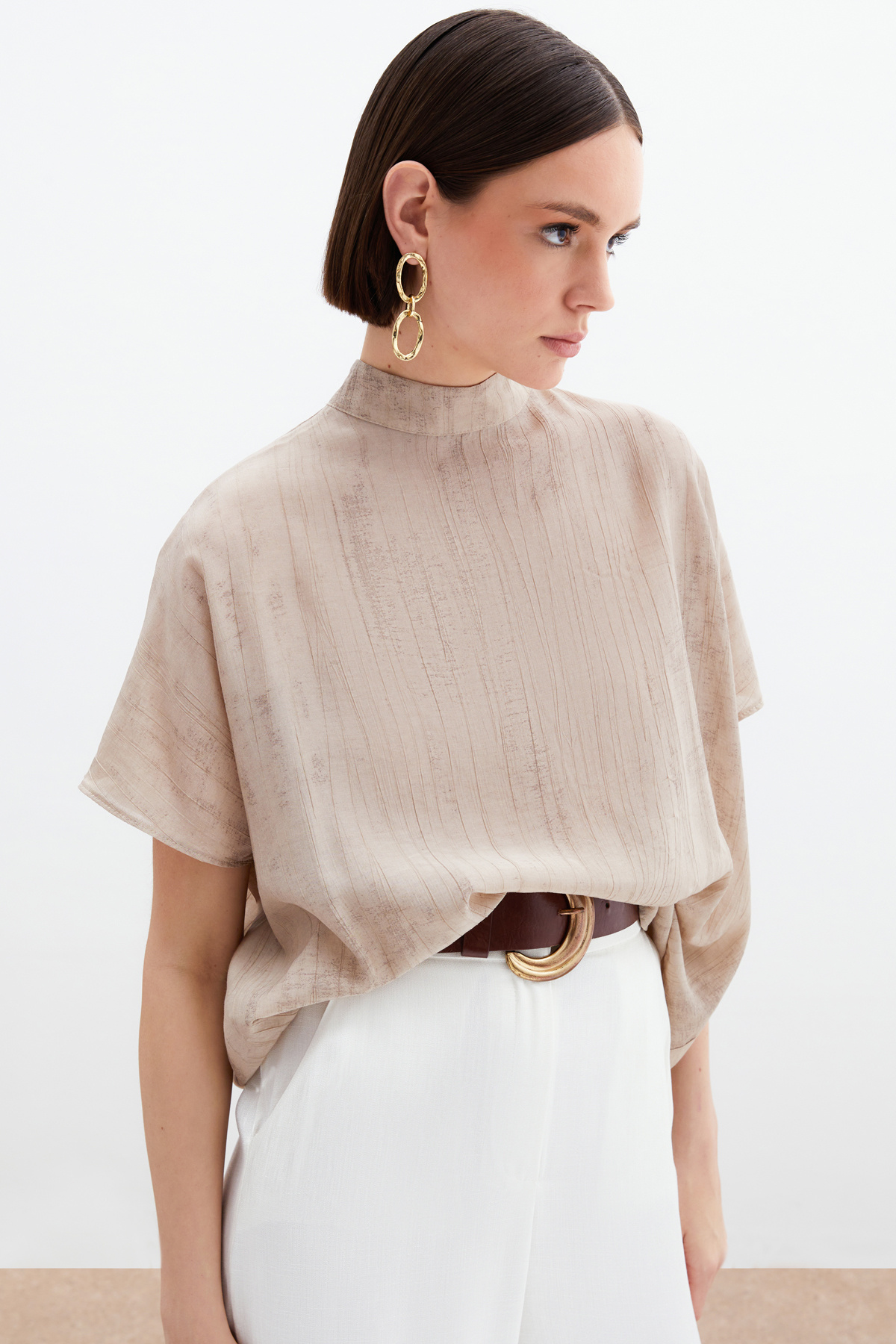 Desenli Salaş Bluz - Bej