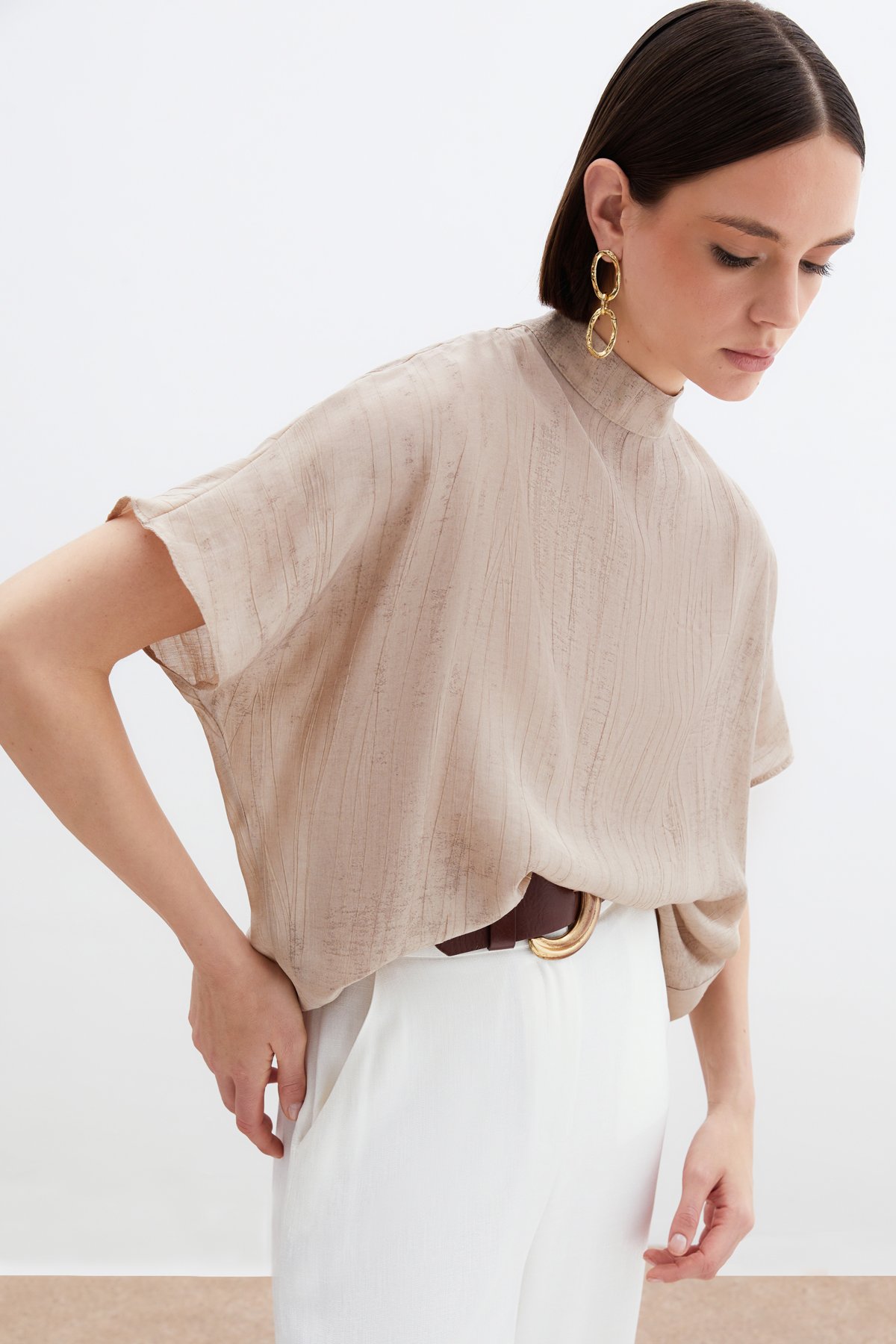 Desenli Salaş Bluz - Bej