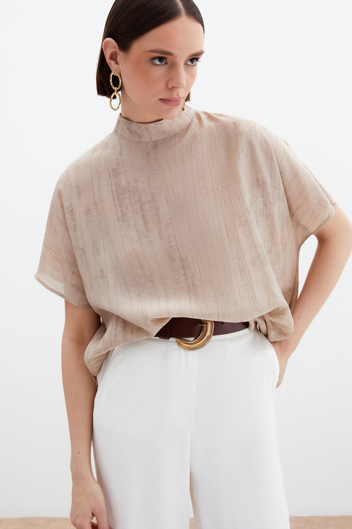 Desenli Salaş Bluz - Bej