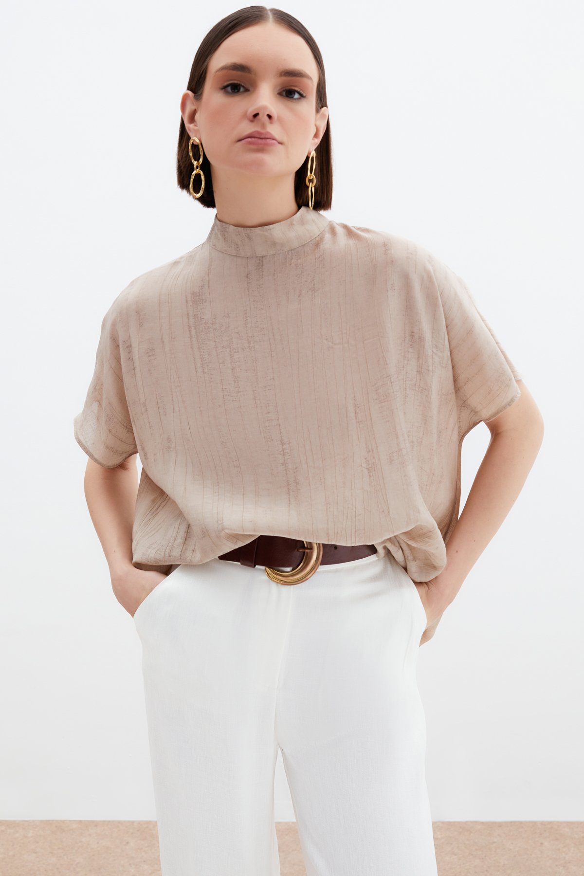 Desenli Salaş Bluz - Bej