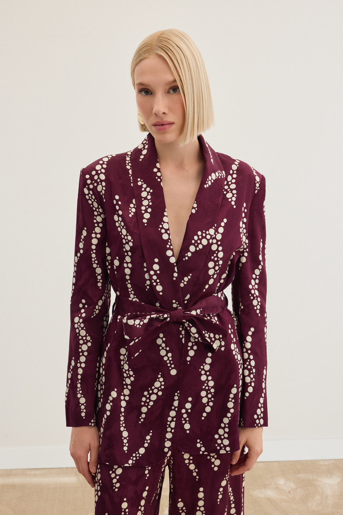 Desenli Uzun Ceket - Bordo