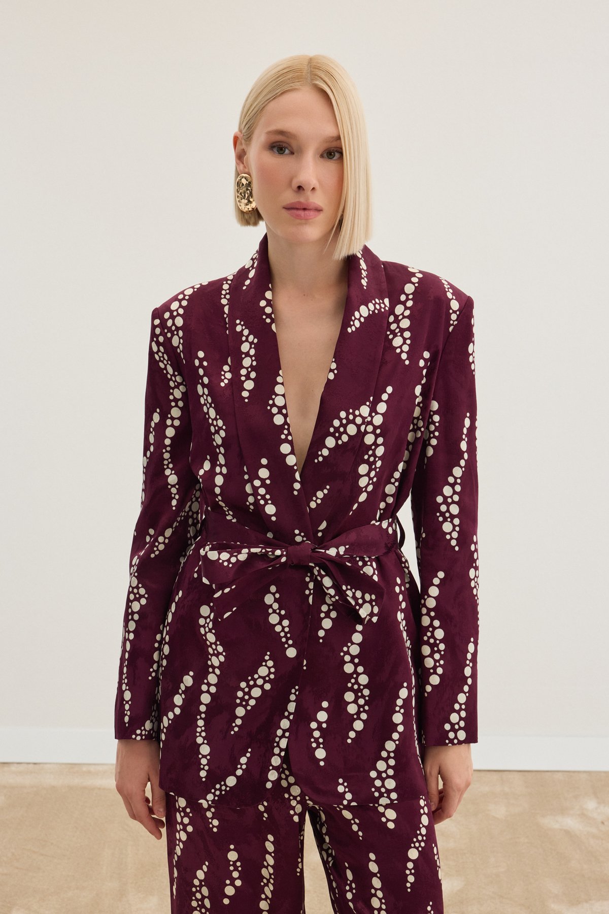 Desenli Uzun Ceket - Bordo