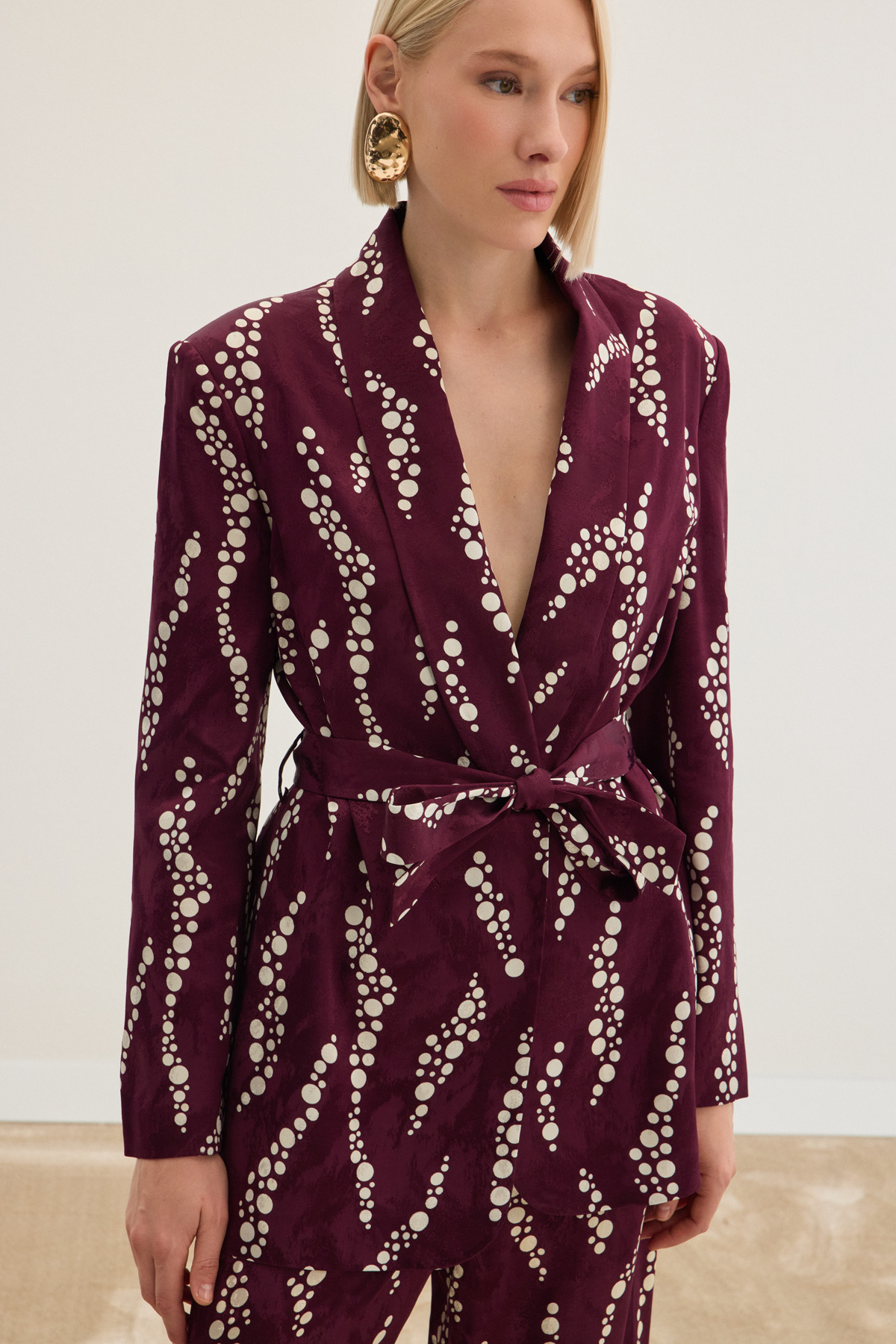 Desenli Uzun Ceket - Bordo