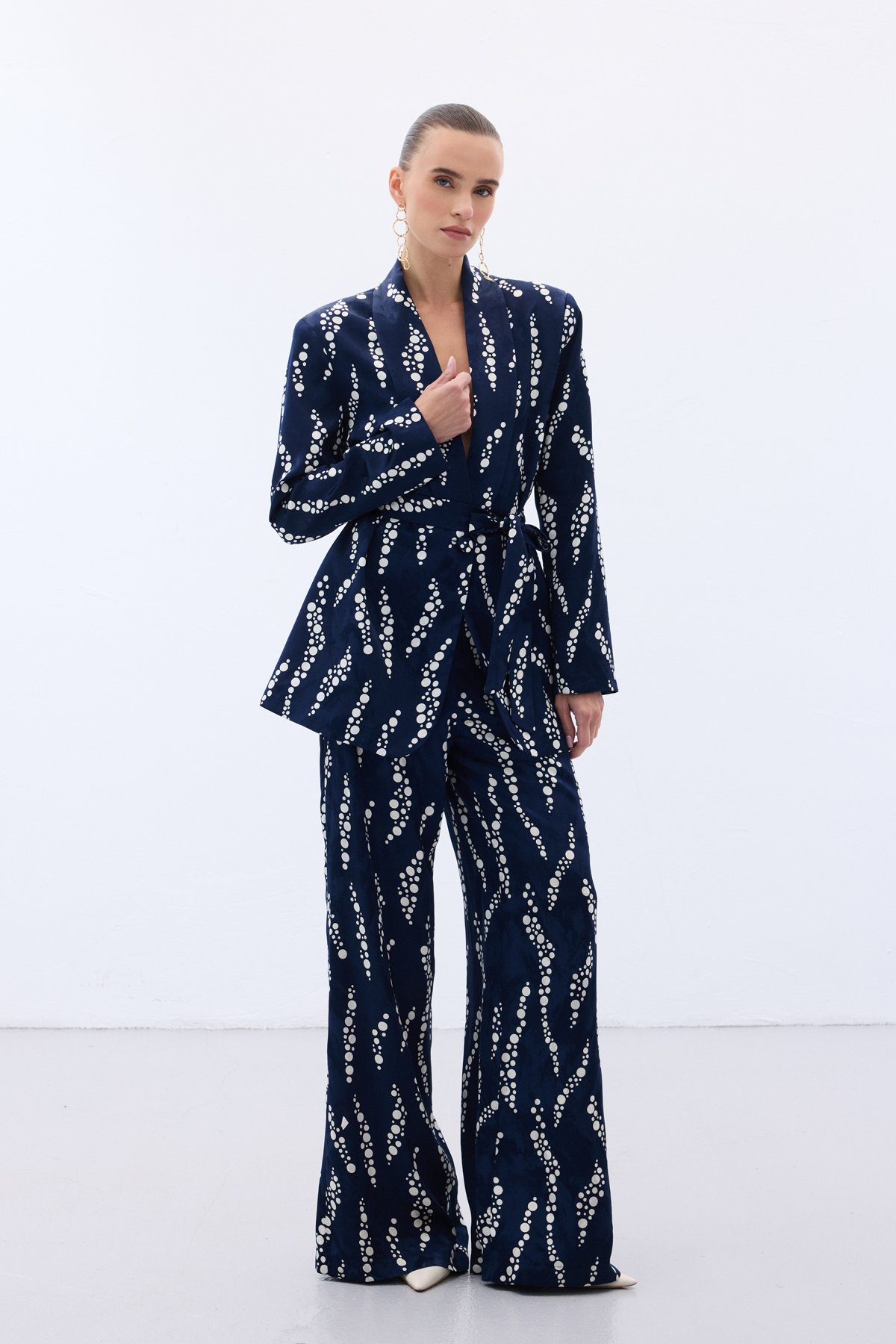 Desenli Uzun Ceket - Lacivert